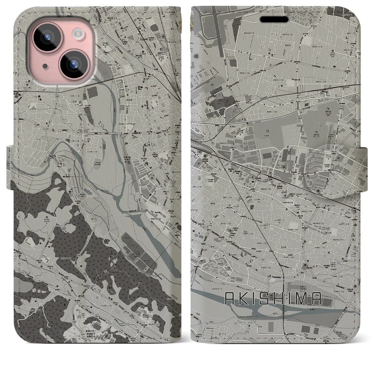 【昭島(東京都)】地図柄iPhoneケース(手帳タイプ)モノトーン・iPhone 15 Plus 用