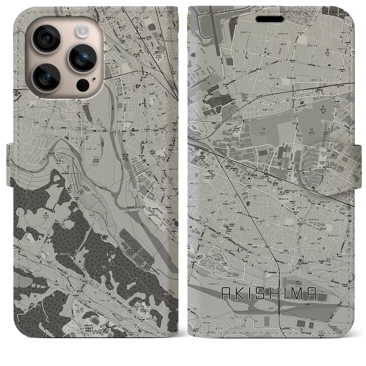 【昭島(東京都)】地図柄iPhoneケース(手帳タイプ)モノトーン・iPhone 16 Plus 用