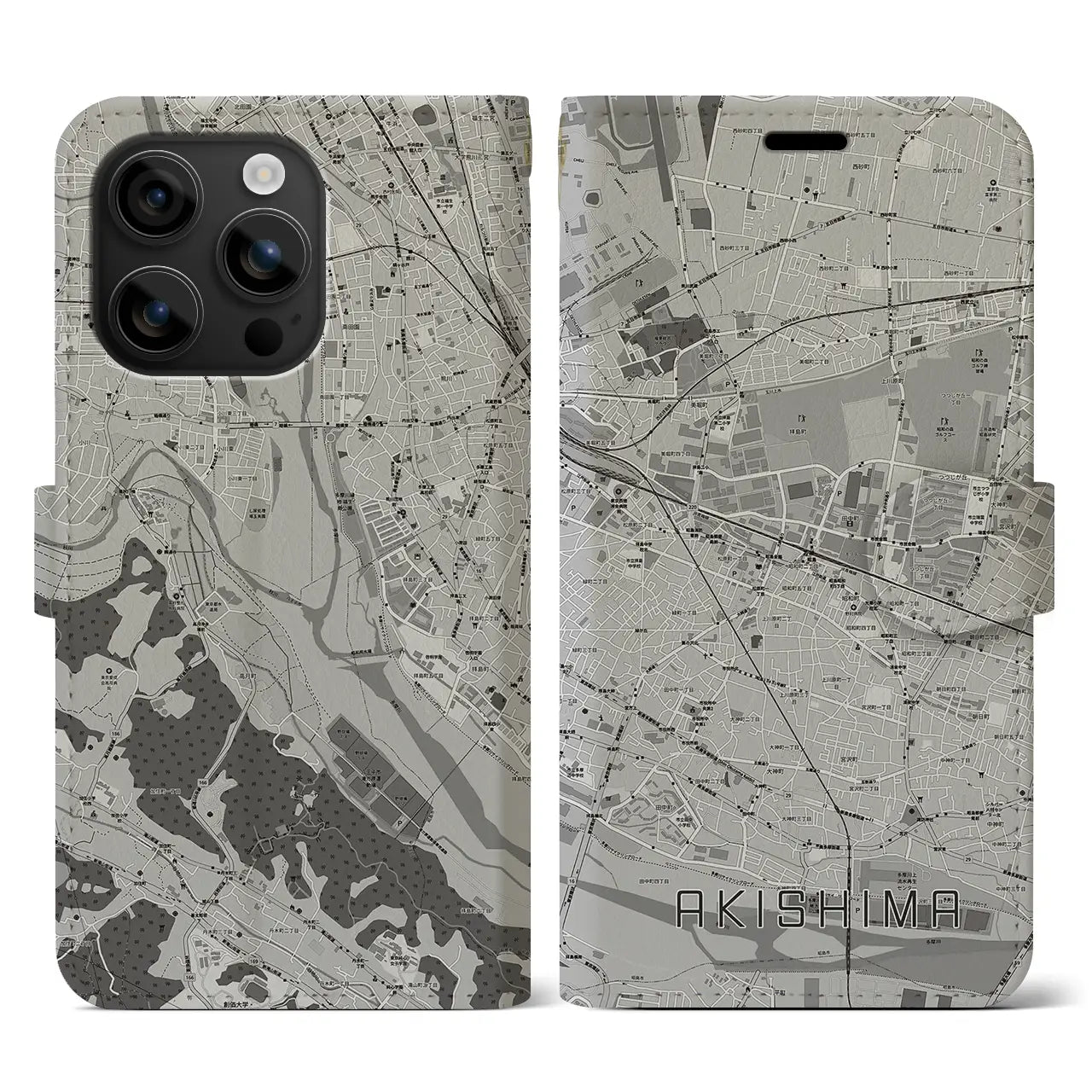 【昭島(東京都)】地図柄iPhoneケース(手帳タイプ)モノトーン・iPhone 16 用