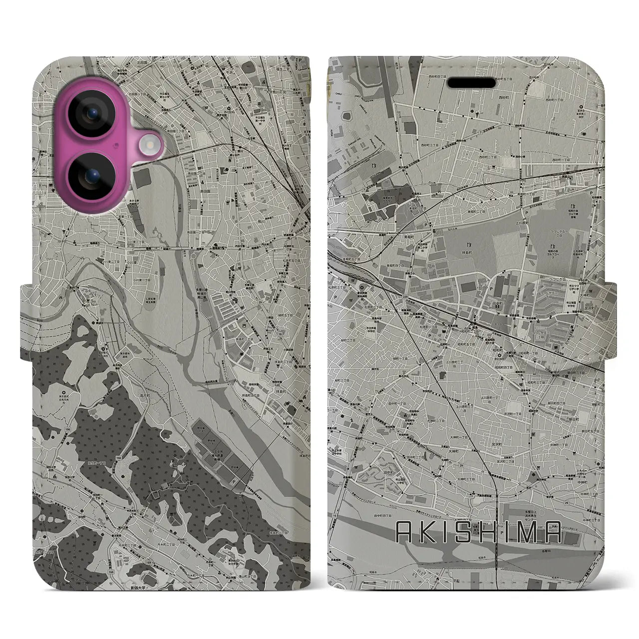【昭島(東京都)】地図柄iPhoneケース(手帳タイプ)モノトーン・iPhone 16 Pro 用