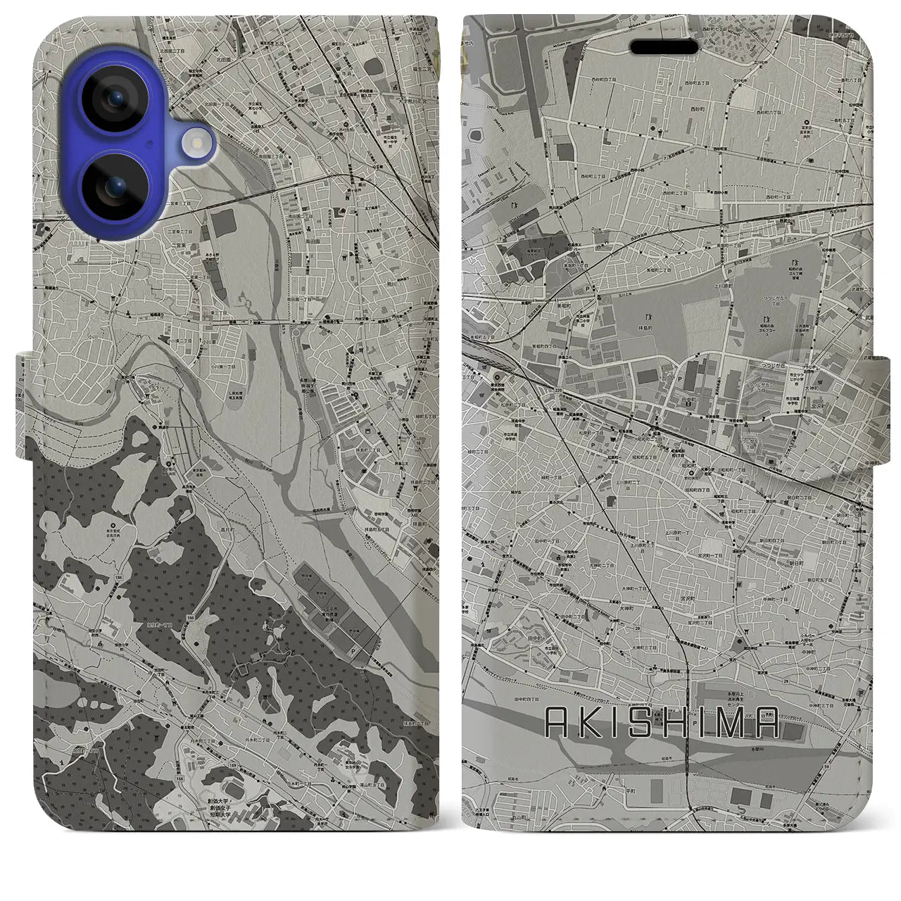 【昭島(東京都)】地図柄iPhoneケース(手帳タイプ)モノトーン・iPhone 16 Pro Max 用