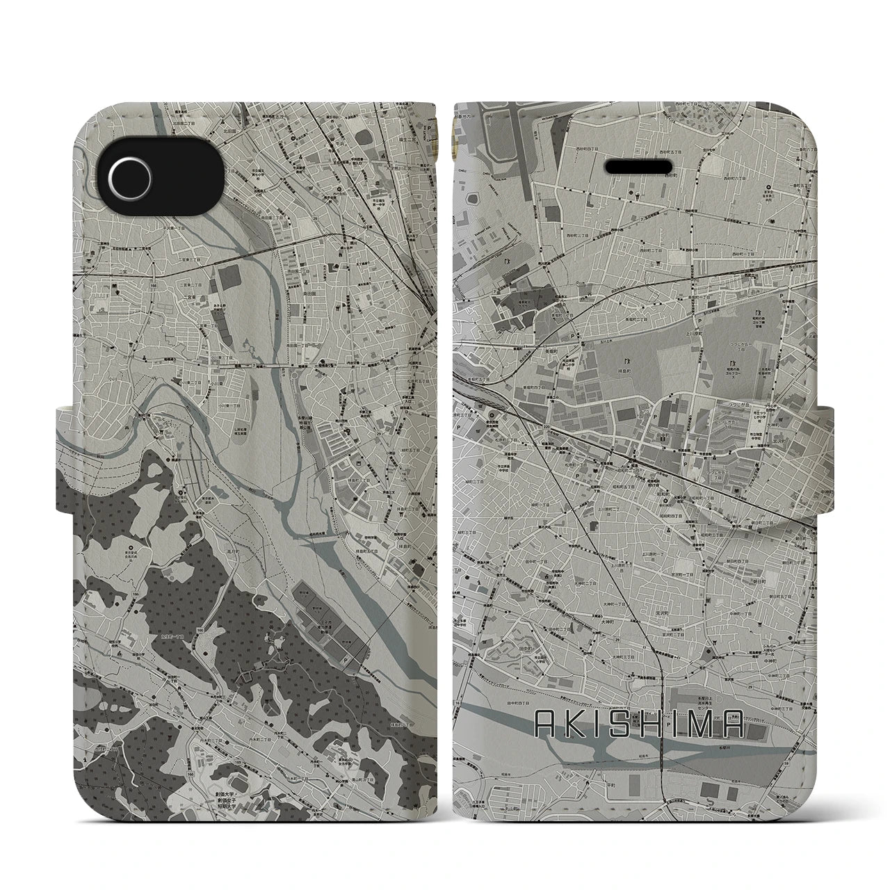 【昭島(東京都)】地図柄iPhoneケース(手帳タイプ)モノトーン・iPhone SE(第3 / 第2世代) / 8 / 7 / 6s / 6 用
