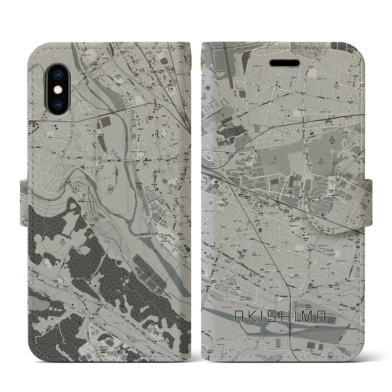 【昭島(東京都)】地図柄iPhoneケース(手帳タイプ)モノトーン・iPhone XS / X 用