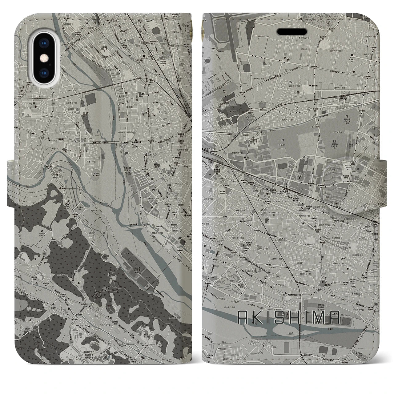 【昭島(東京都)】地図柄iPhoneケース(手帳タイプ)モノトーン・iPhone XS Max 用