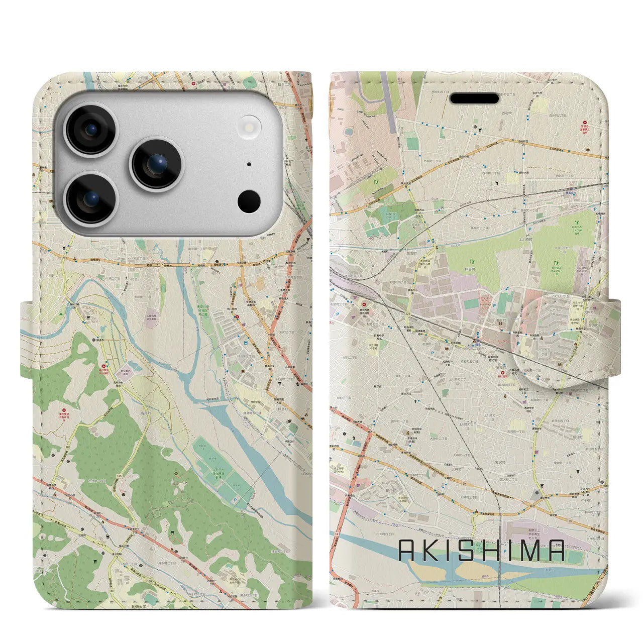 【昭島(東京都)】地図柄iPhoneケース(手帳タイプ)ナチュラル・iPhone 17 Pro Max 用