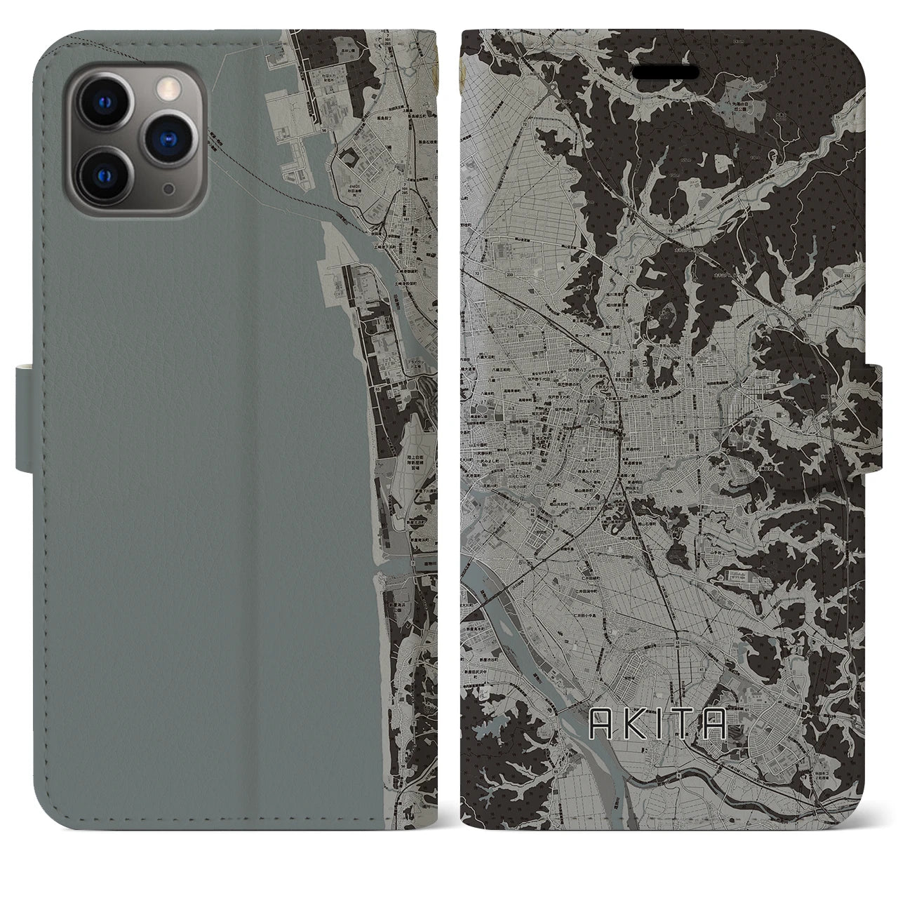 【秋田(秋田県)】地図柄iPhoneケース(手帳タイプ)モノトーン・iPhone 11 Pro Max 用