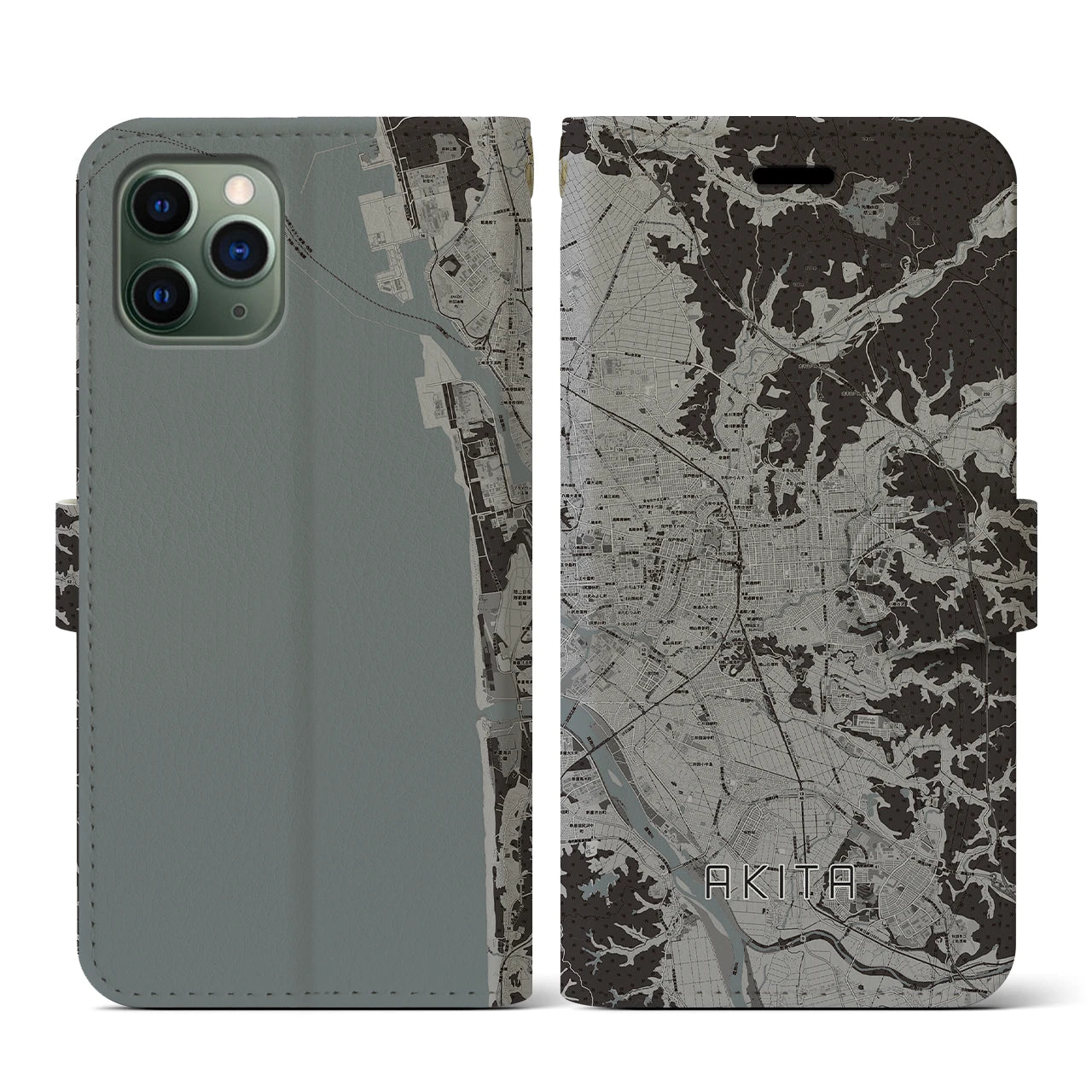 【秋田(秋田県)】地図柄iPhoneケース(手帳タイプ)モノトーン・iPhone 11 Pro 用