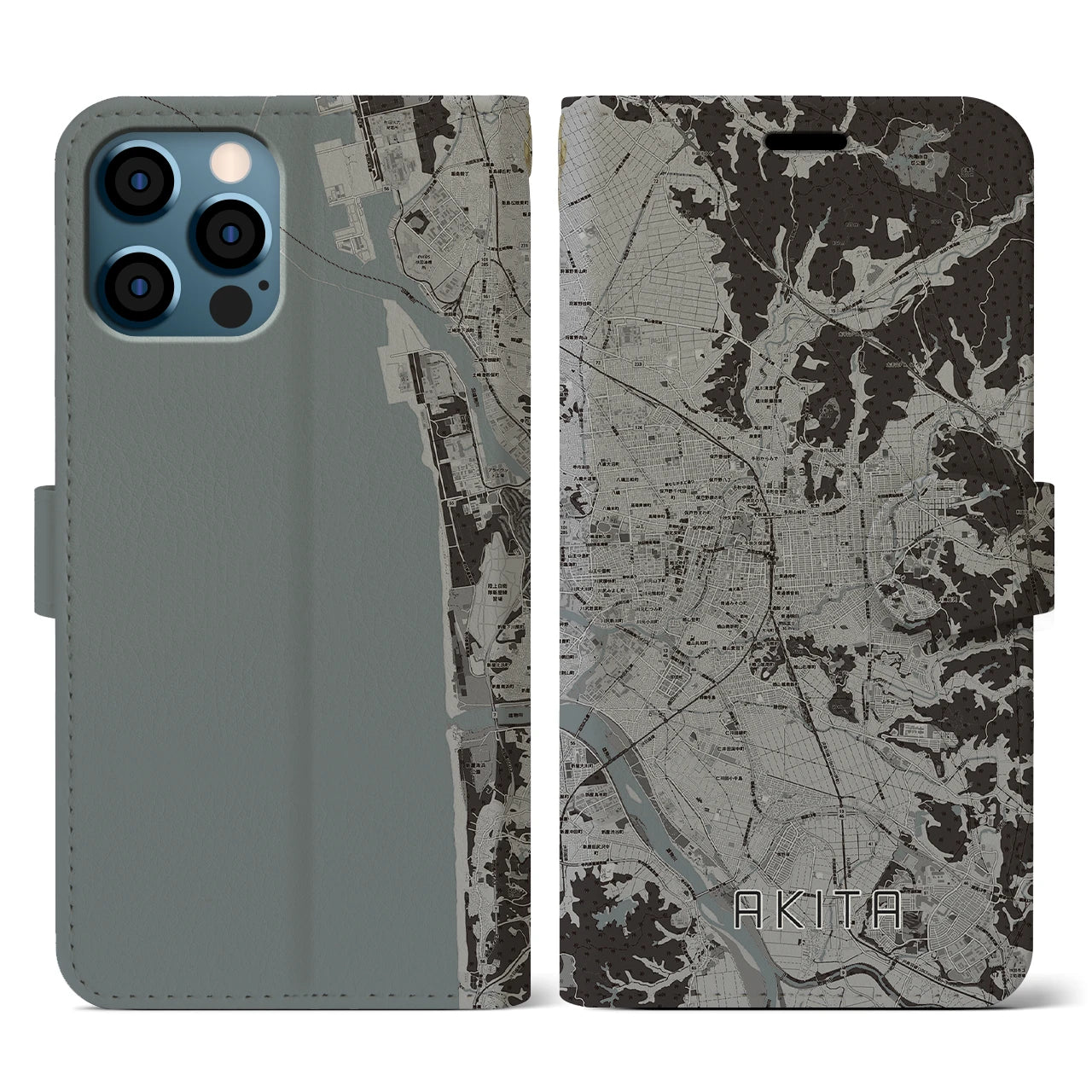 【秋田(秋田県)】地図柄iPhoneケース(手帳タイプ)モノトーン・iPhone 12 / 12 Pro 用