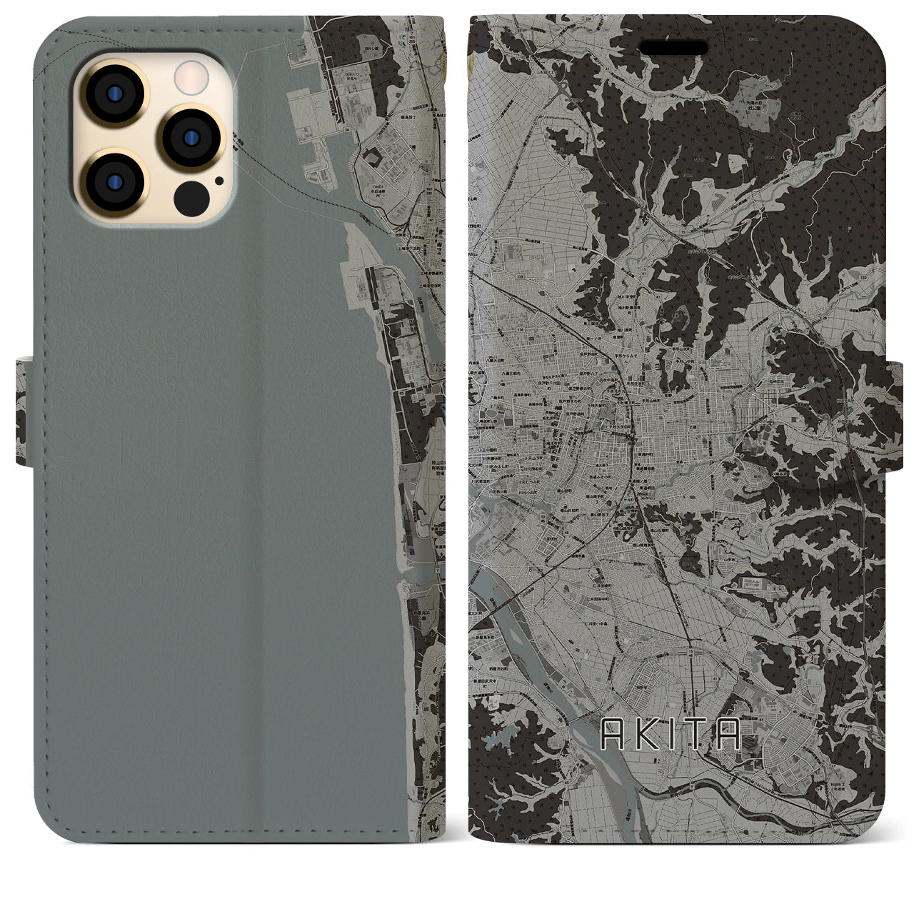 【秋田(秋田県)】地図柄iPhoneケース(手帳タイプ)モノトーン・iPhone 12 Pro Max 用