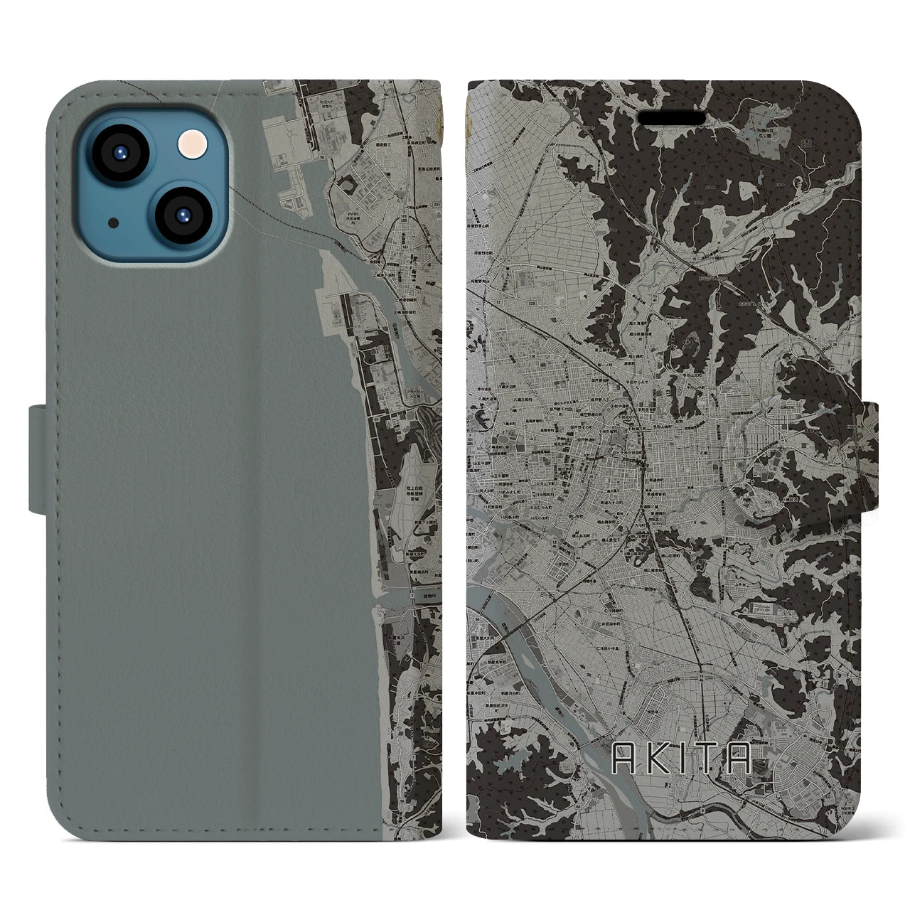 【秋田(秋田県)】地図柄iPhoneケース(手帳タイプ)モノトーン・iPhone 13 用