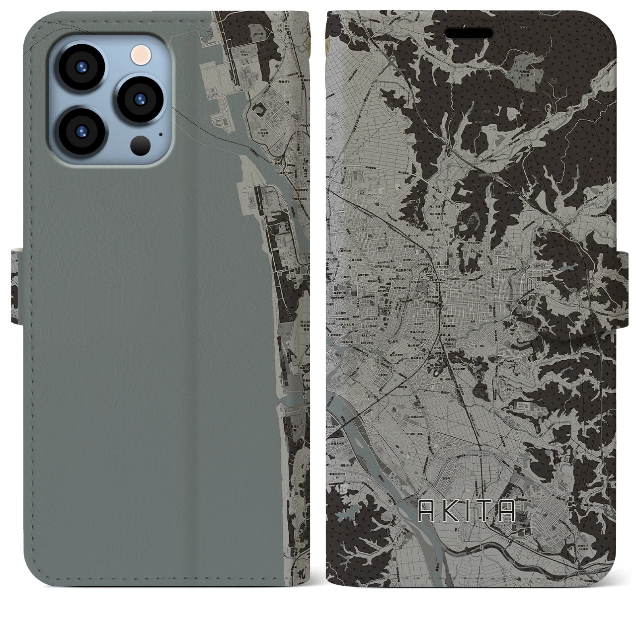 【秋田(秋田県)】地図柄iPhoneケース(手帳タイプ)モノトーン・iPhone 13 Pro Max 用