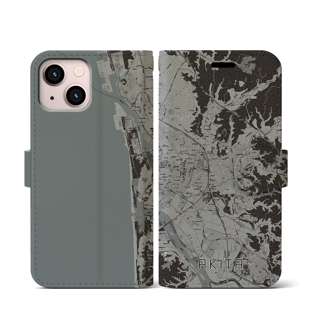 【秋田(秋田県)】地図柄iPhoneケース(手帳タイプ)モノトーン・iPhone 13 mini 用