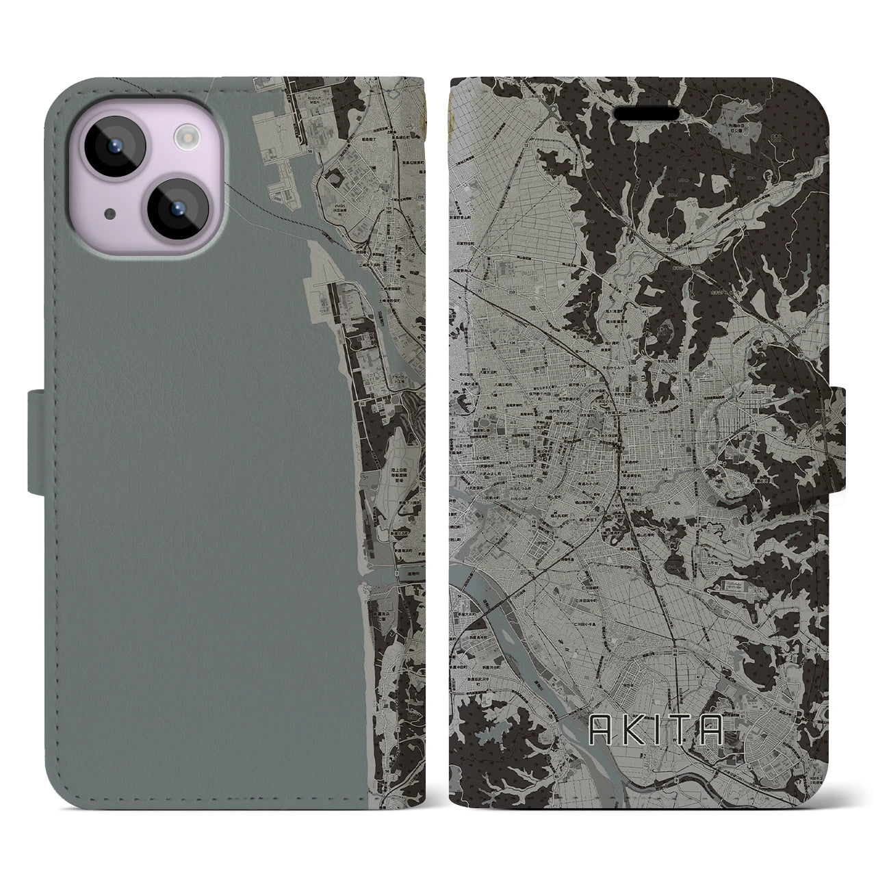 【秋田(秋田県)】地図柄iPhoneケース(手帳タイプ)モノトーン・iPhone 14 用