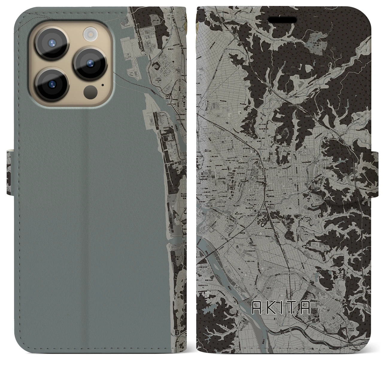 【秋田(秋田県)】地図柄iPhoneケース(手帳タイプ)モノトーン・iPhone 14 Pro Max 用