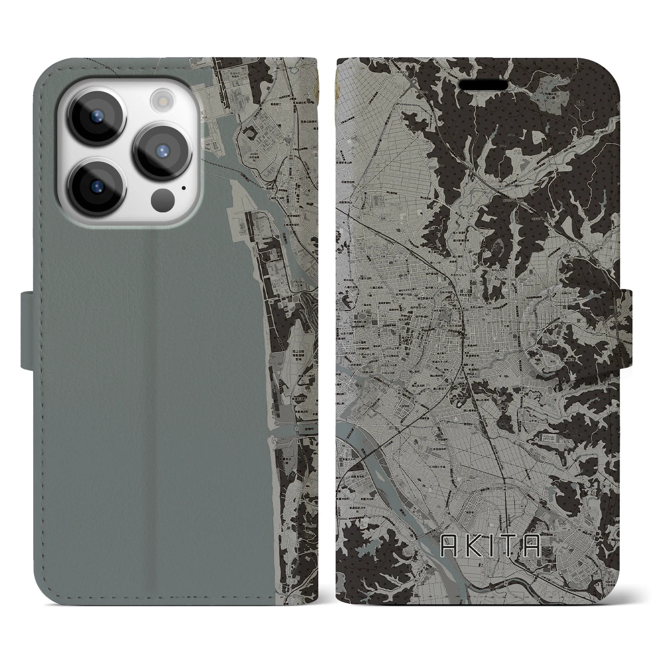 【秋田(秋田県)】地図柄iPhoneケース(手帳タイプ)モノトーン・iPhone 14 Pro 用