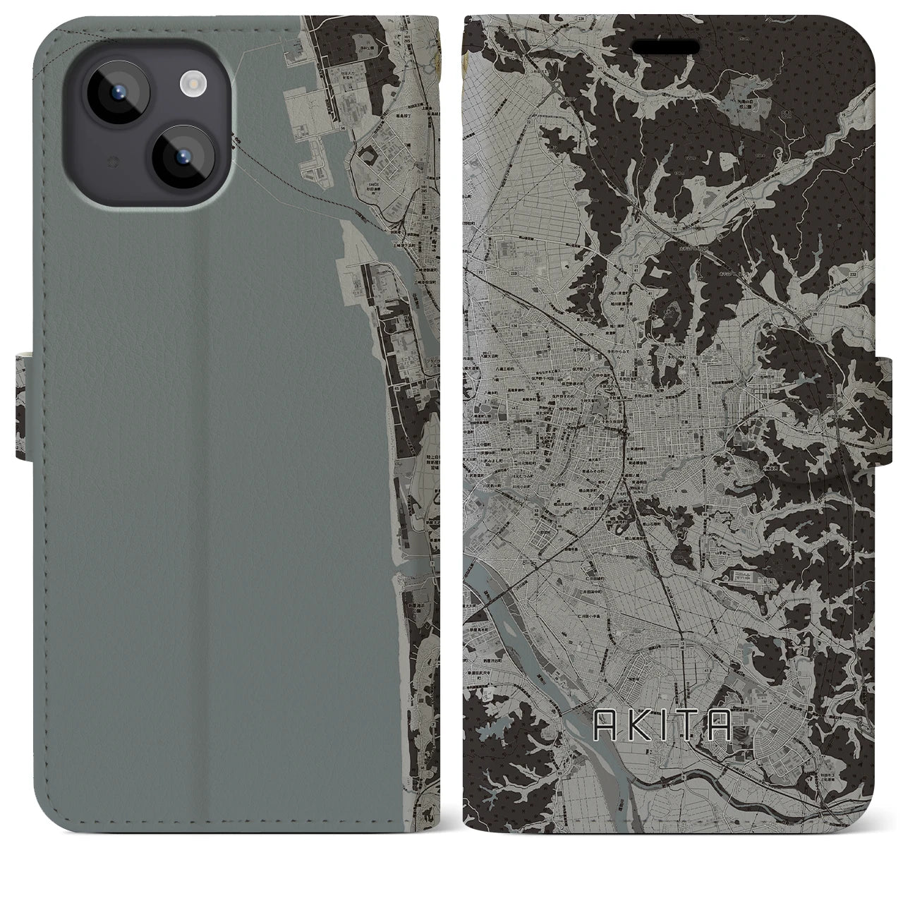 【秋田(秋田県)】地図柄iPhoneケース(手帳タイプ)モノトーン・iPhone 14 Plus 用