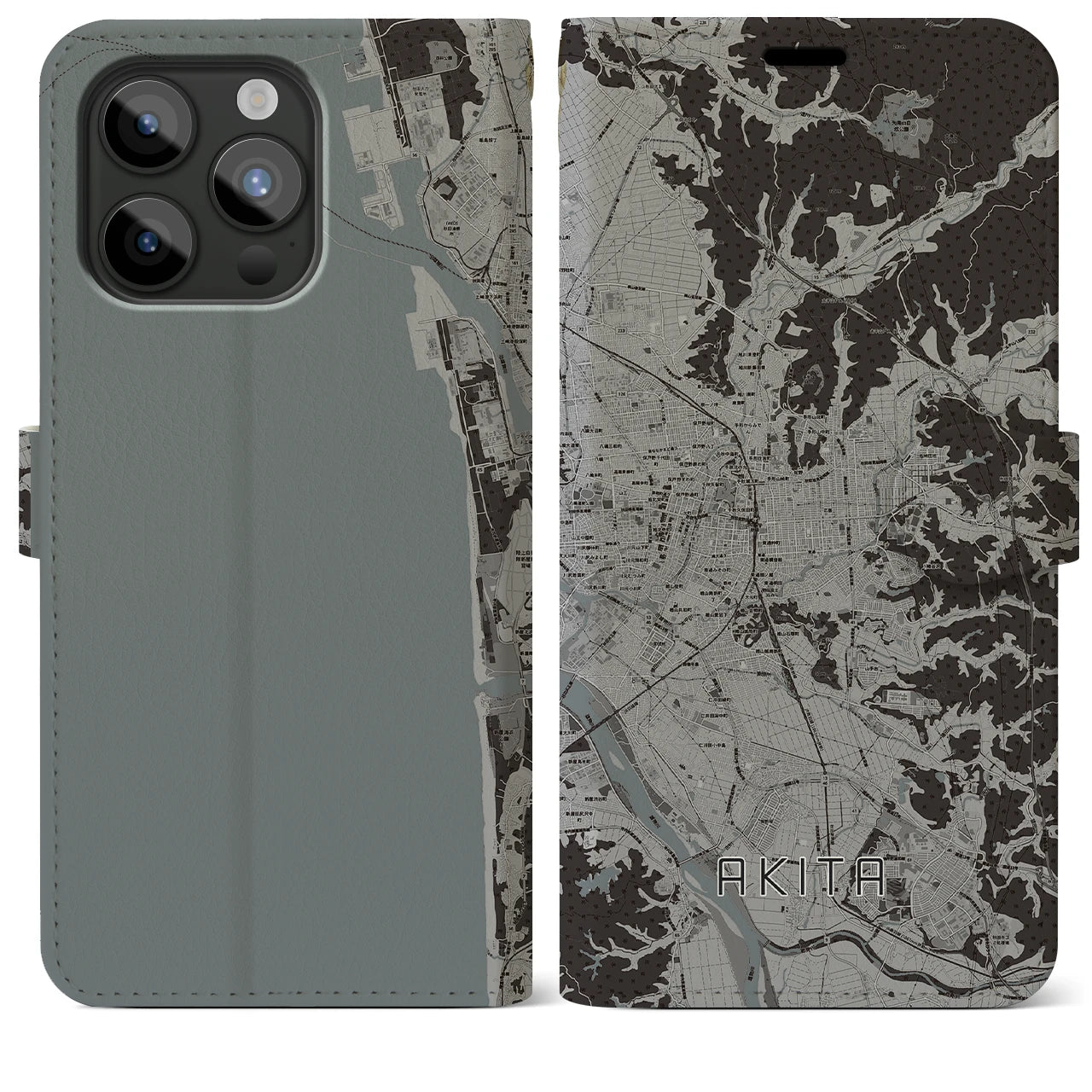 【秋田(秋田県)】地図柄iPhoneケース(手帳タイプ)モノトーン・iPhone 15 Pro Max 用