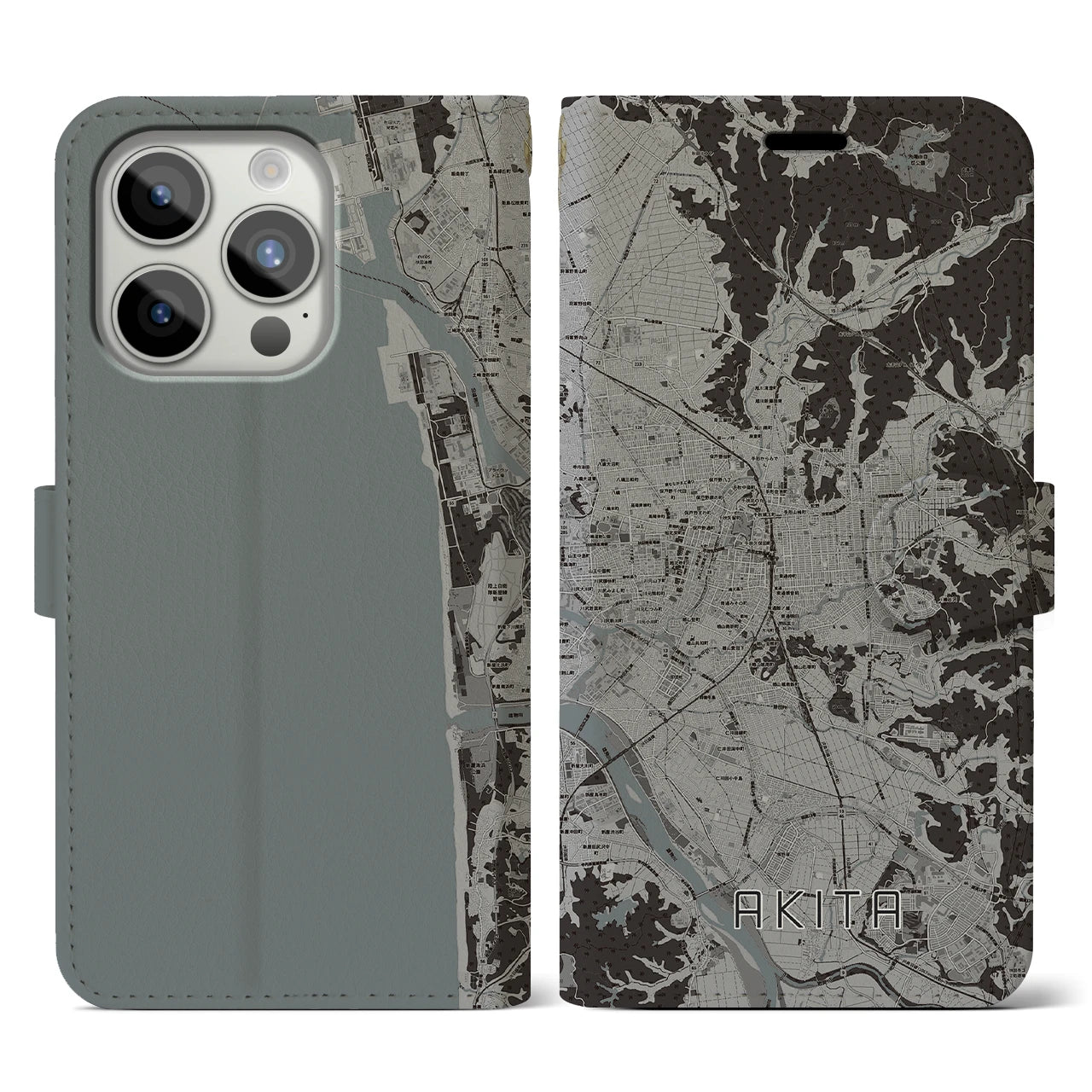 【秋田(秋田県)】地図柄iPhoneケース(手帳タイプ)モノトーン・iPhone 15 Pro 用