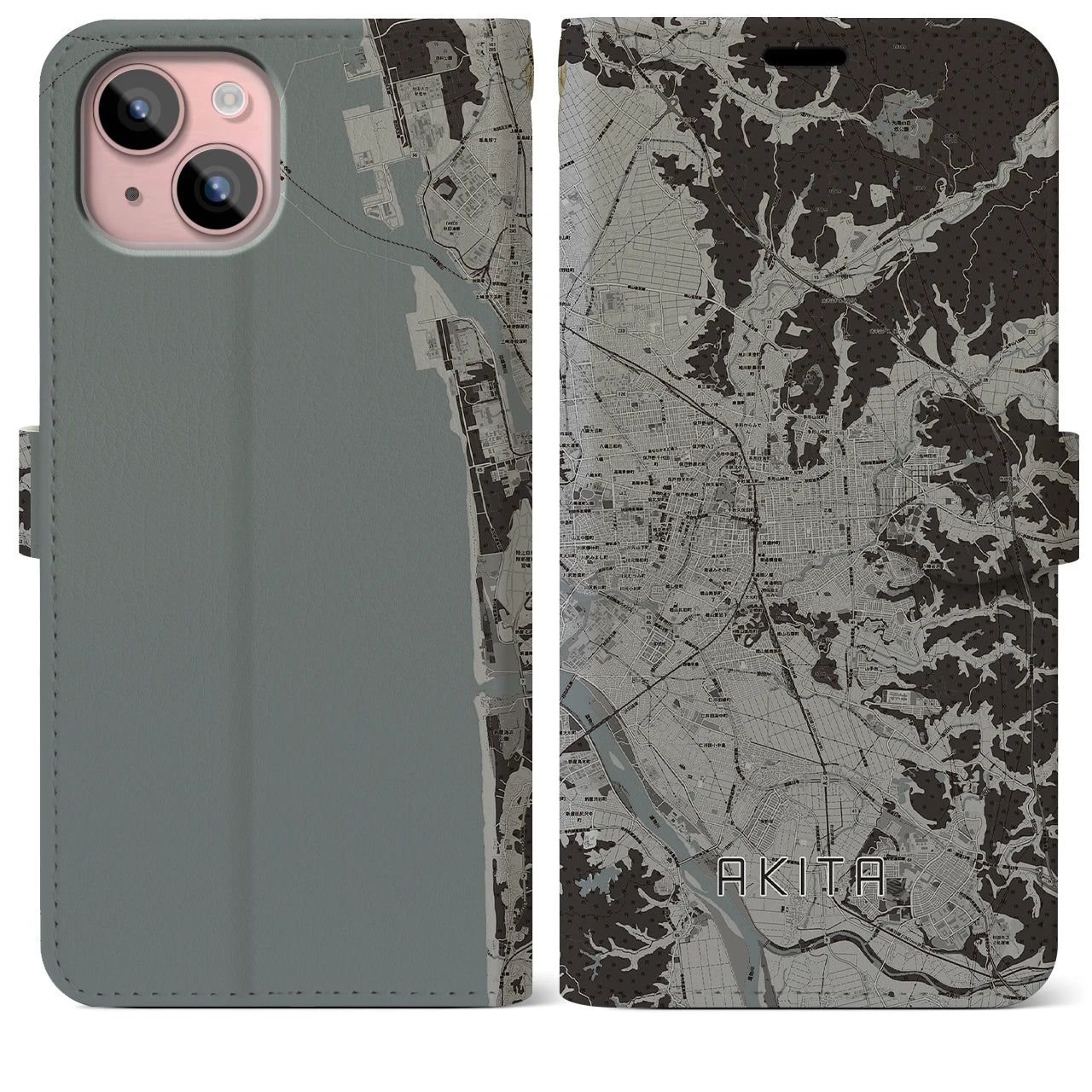 【秋田(秋田県)】地図柄iPhoneケース(手帳タイプ)モノトーン・iPhone 15 Plus 用