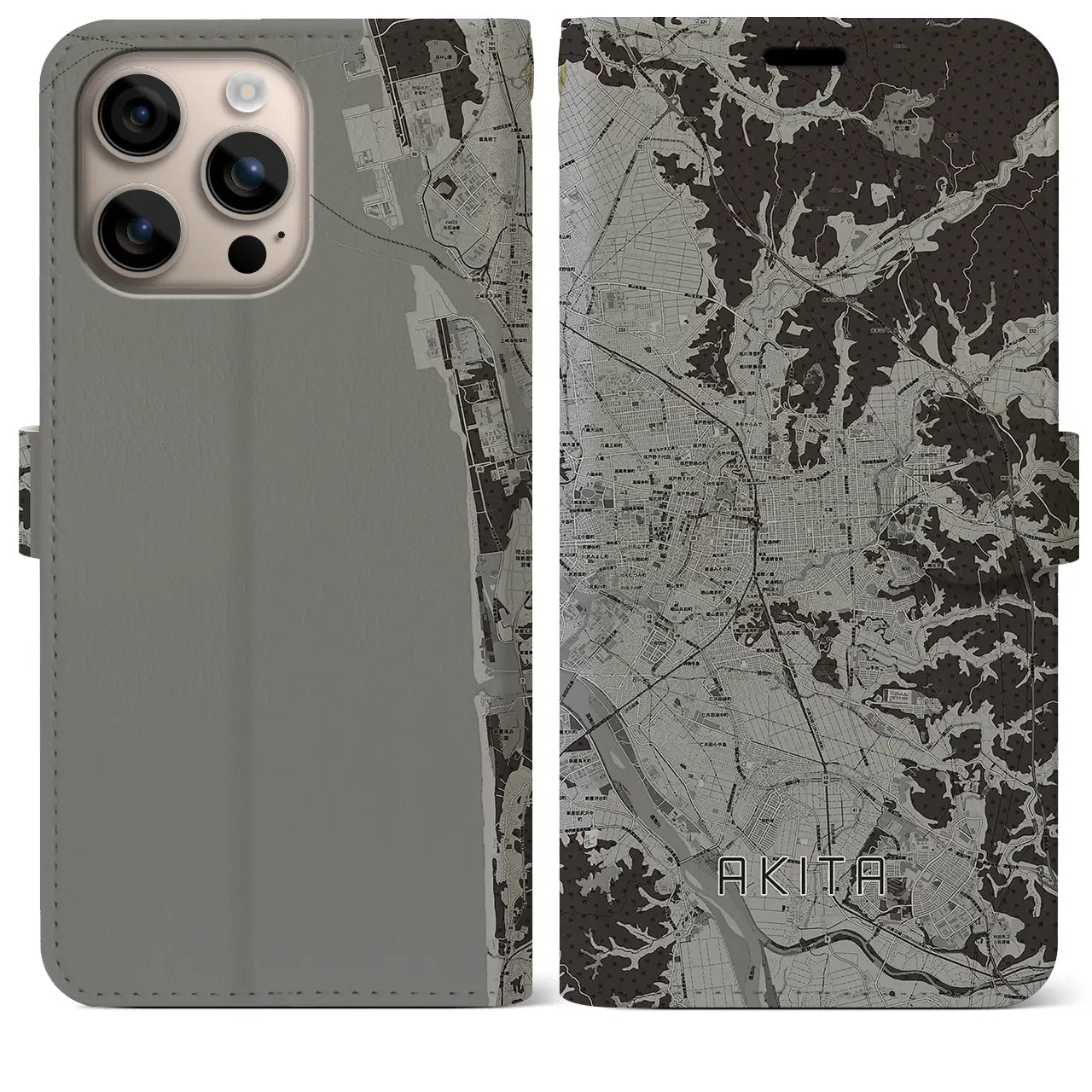 【秋田(秋田県)】地図柄iPhoneケース(手帳タイプ)モノトーン・iPhone 16 Plus 用