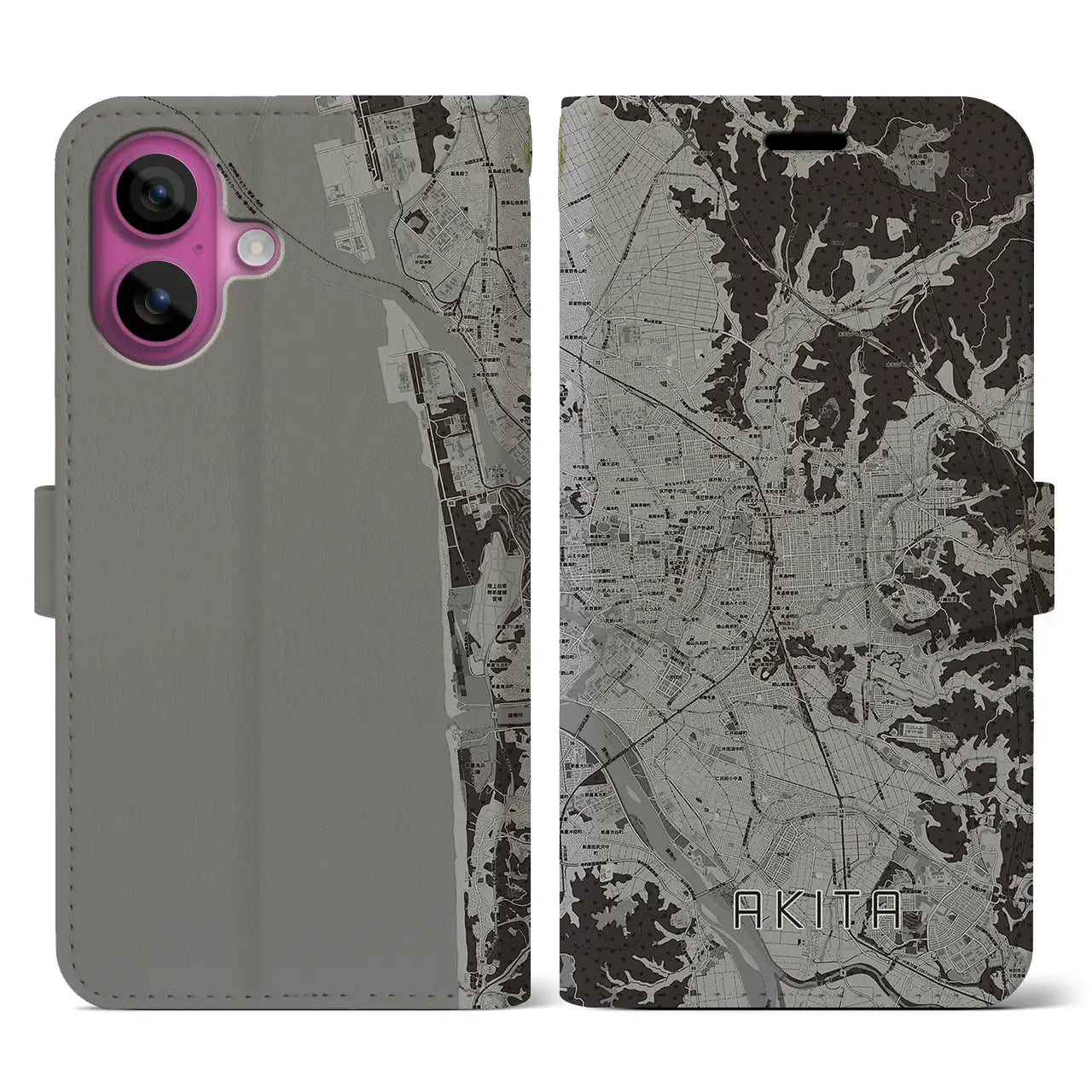 【秋田(秋田県)】地図柄iPhoneケース(手帳タイプ)モノトーン・iPhone 16 Pro 用