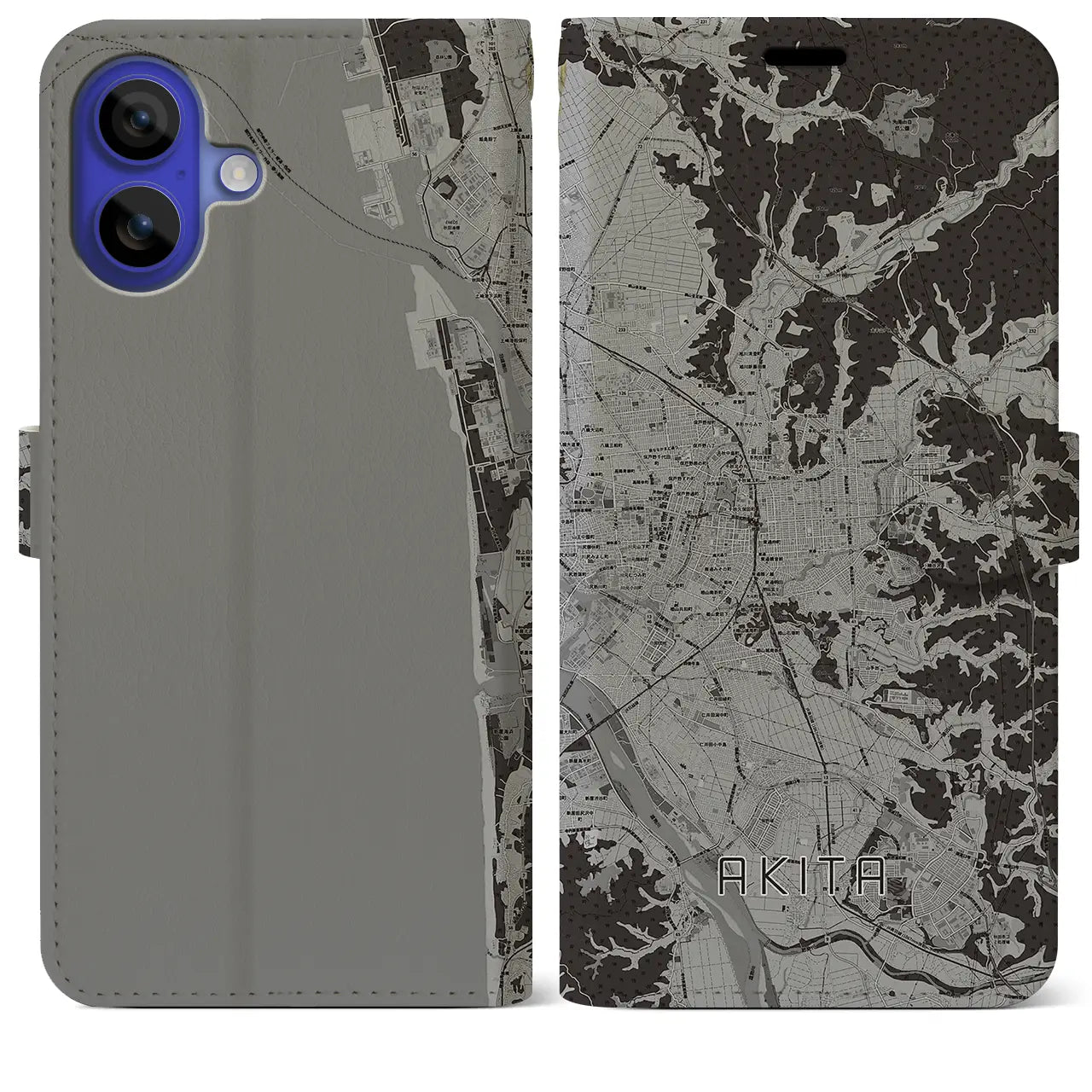 【秋田(秋田県)】地図柄iPhoneケース(手帳タイプ)モノトーン・iPhone 16 Pro Max 用