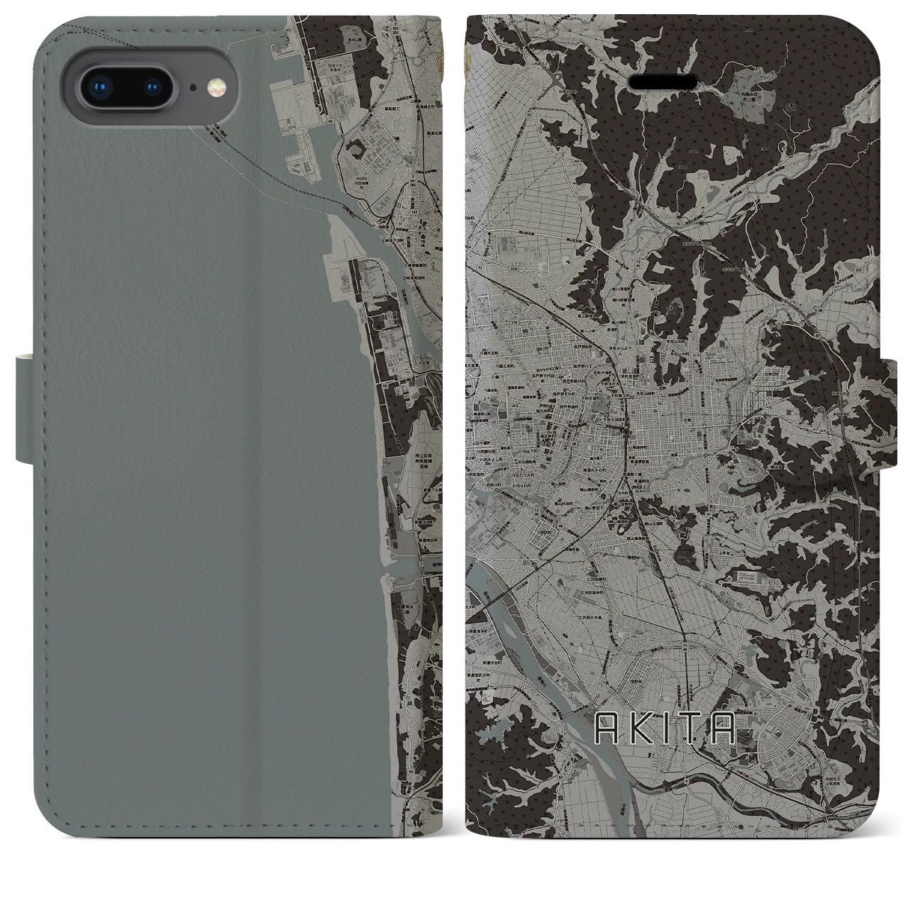 【秋田(秋田県)】地図柄iPhoneケース(手帳タイプ)モノトーン・iPhone 8Plus /7Plus / 6sPlus / 6Plus 用