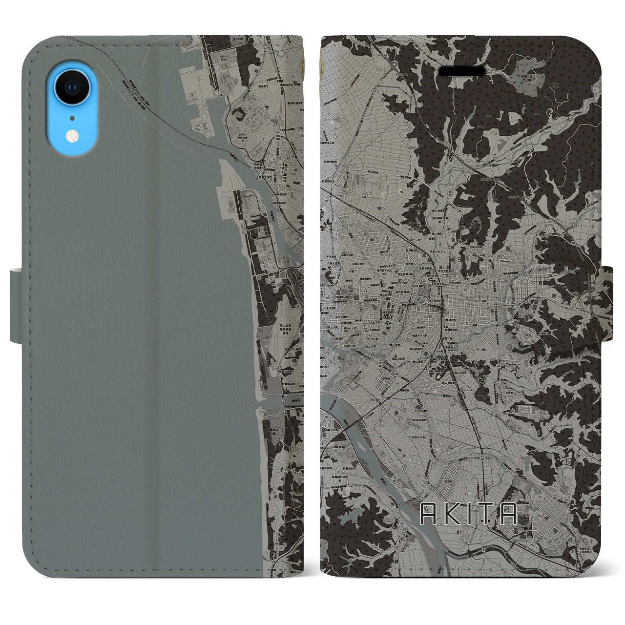 【秋田(秋田県)】地図柄iPhoneケース(手帳タイプ)モノトーン・iPhone XR 用