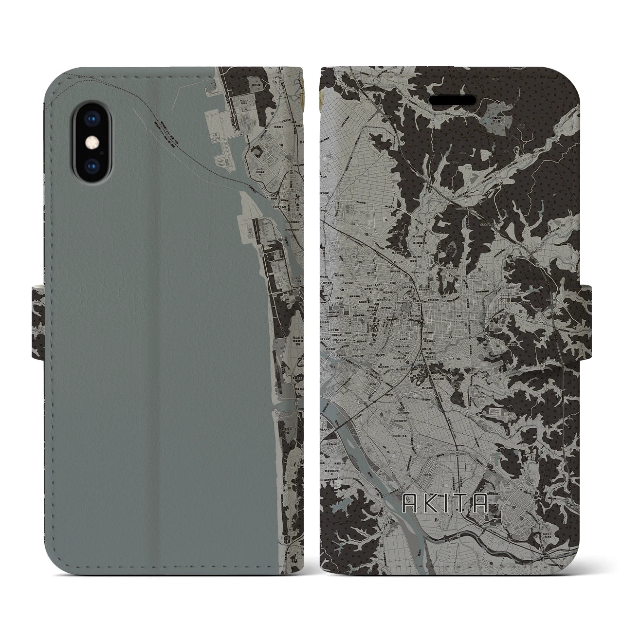 【秋田(秋田県)】地図柄iPhoneケース(手帳タイプ)モノトーン・iPhone XS / X 用