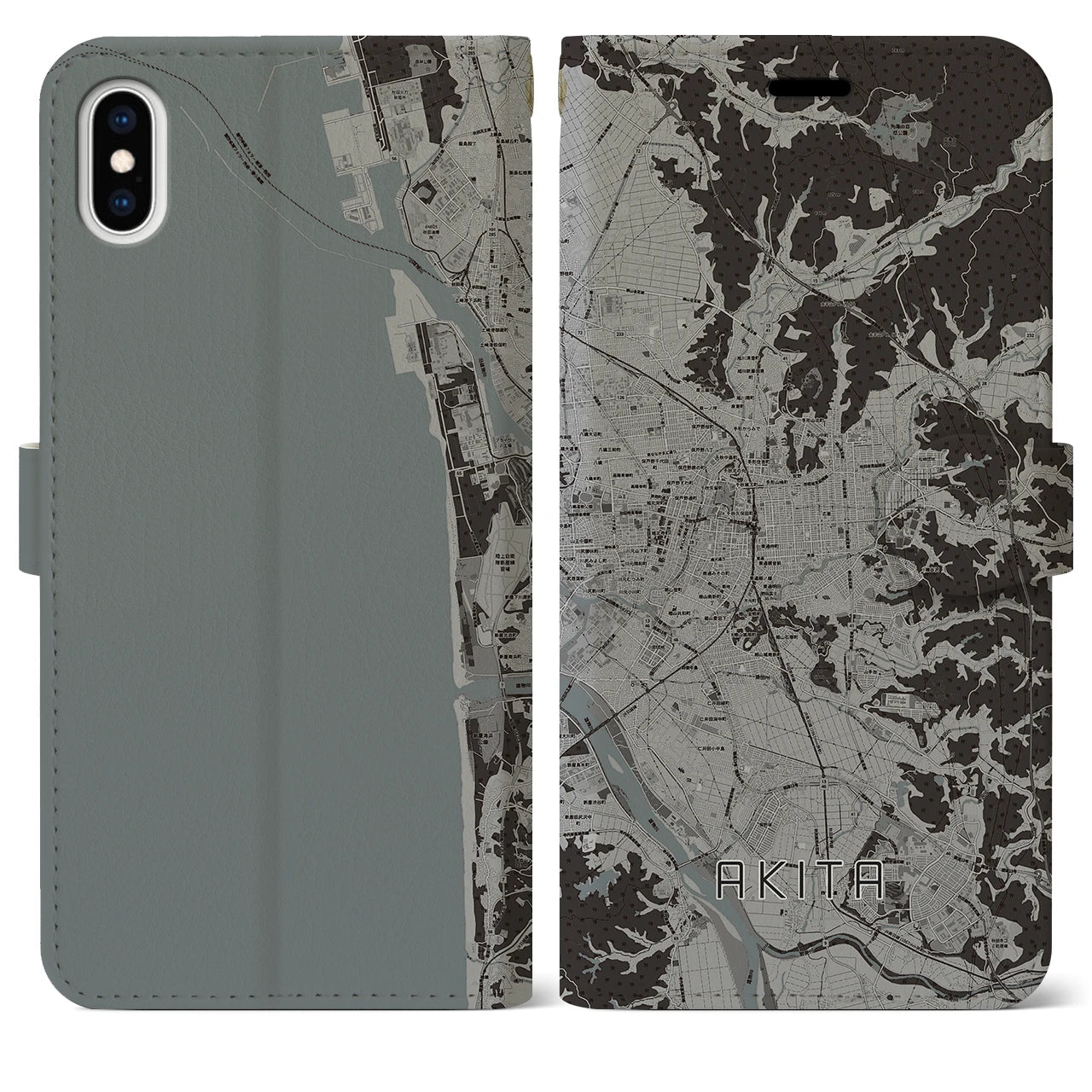 【秋田(秋田県)】地図柄iPhoneケース(手帳タイプ)モノトーン・iPhone XS Max 用