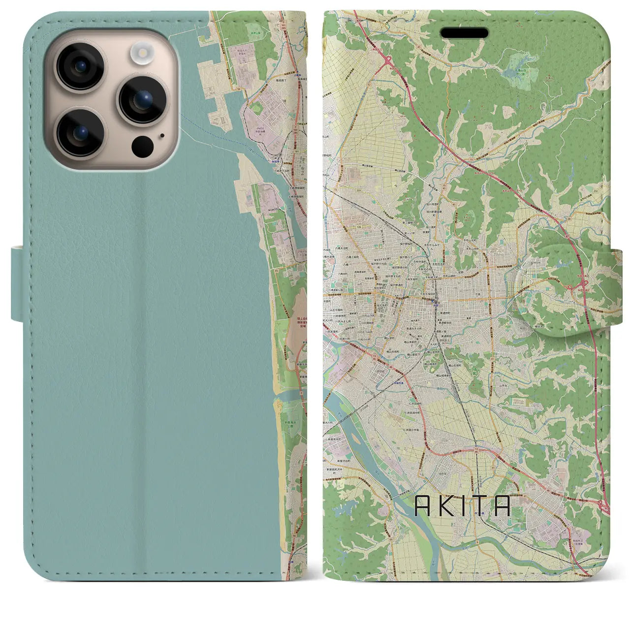 【秋田(秋田県)】地図柄iPhoneケース(手帳タイプ)ナチュラル・iPhone 16 Plus 用