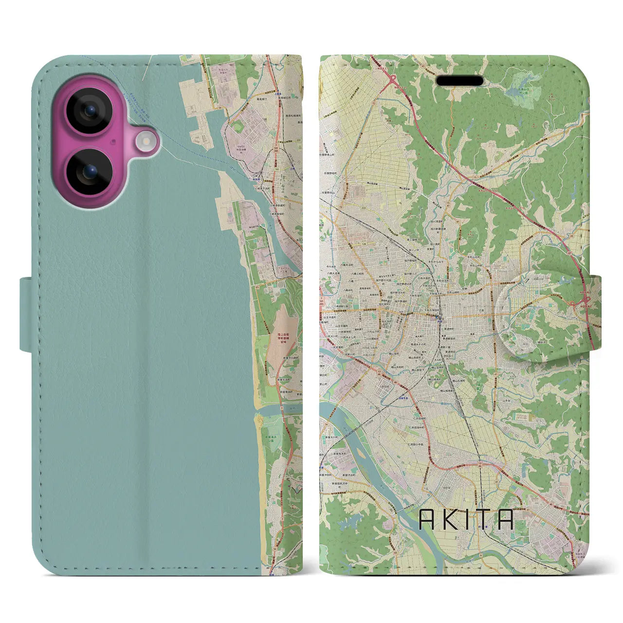 【秋田(秋田県)】地図柄iPhoneケース(手帳タイプ)ナチュラル・iPhone 16 Pro 用