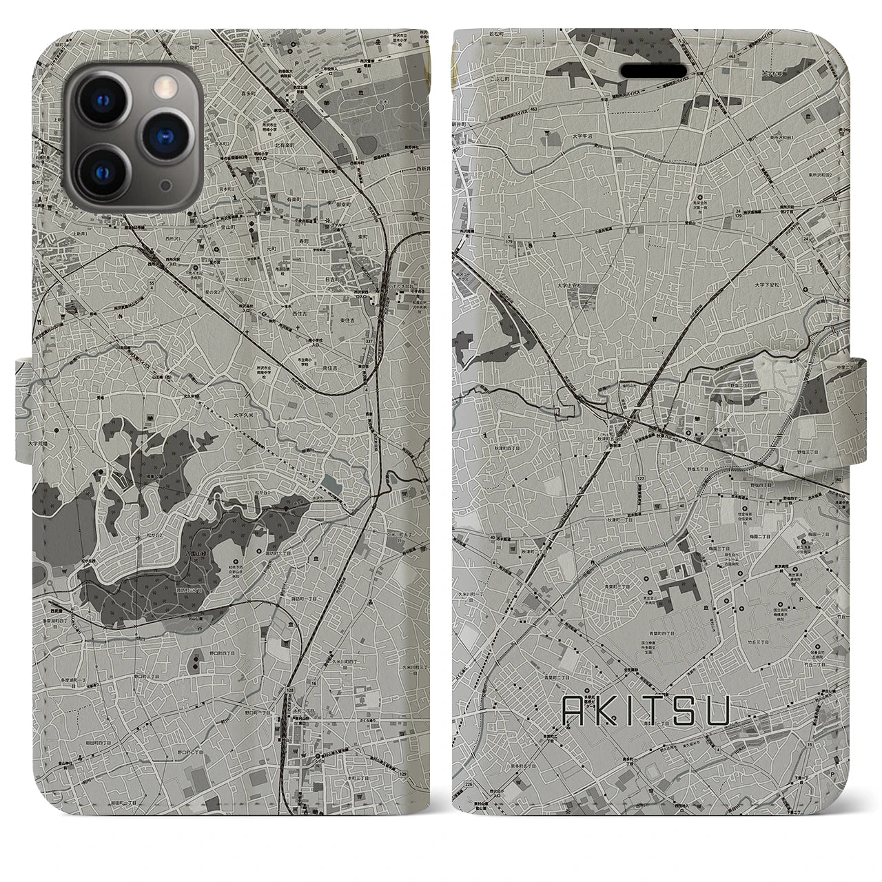 【秋津(東京都)】地図柄iPhoneケース(手帳タイプ)モノトーン・iPhone 11 Pro Max 用