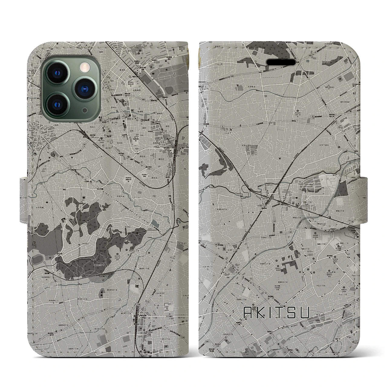 【秋津(東京都)】地図柄iPhoneケース(手帳タイプ)モノトーン・iPhone 11 Pro 用