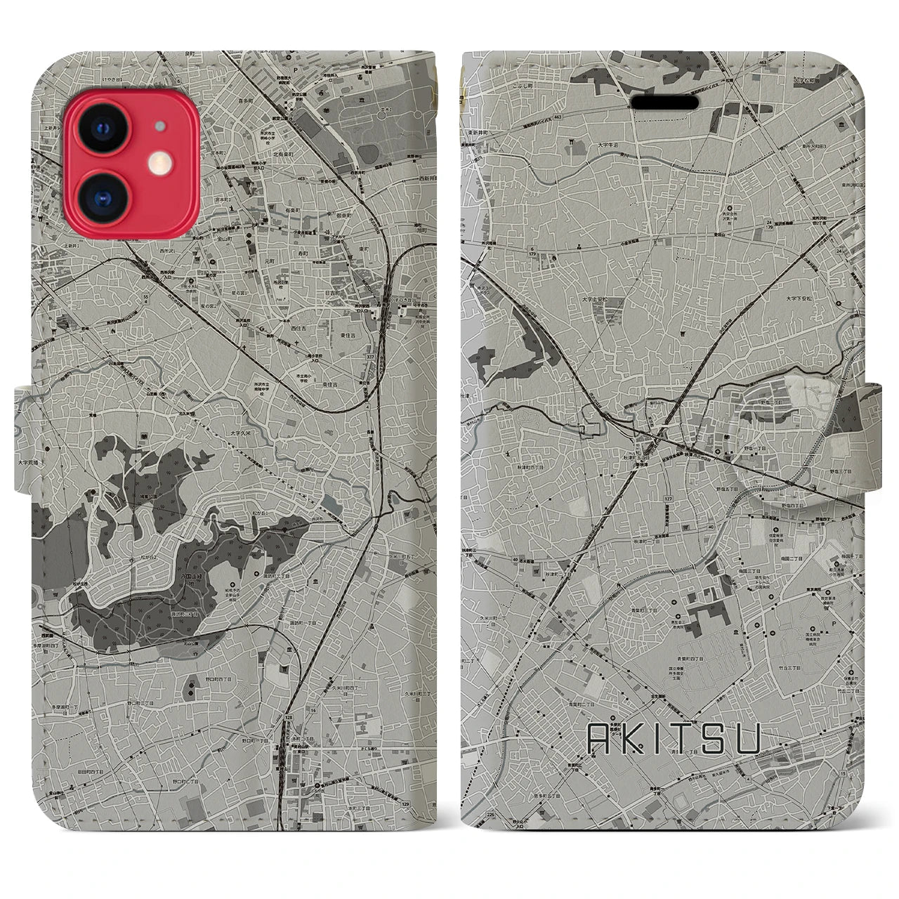 【秋津(東京都)】地図柄iPhoneケース(手帳タイプ)モノトーン・iPhone 11 用