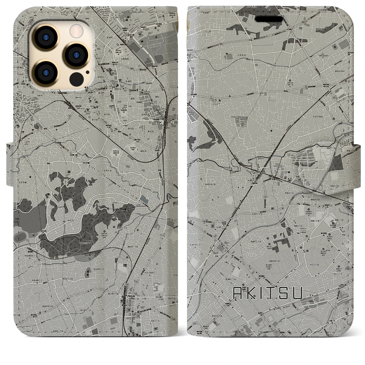 【秋津(東京都)】地図柄iPhoneケース(手帳タイプ)モノトーン・iPhone 12 Pro Max 用