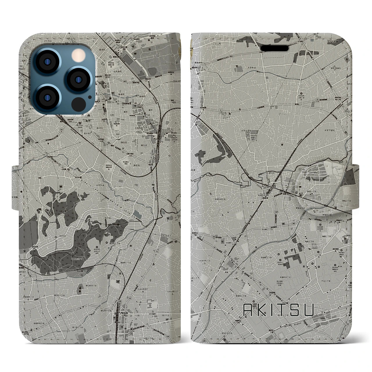 【秋津(東京都)】地図柄iPhoneケース(手帳タイプ)モノトーン・iPhone 12 / 12 Pro 用