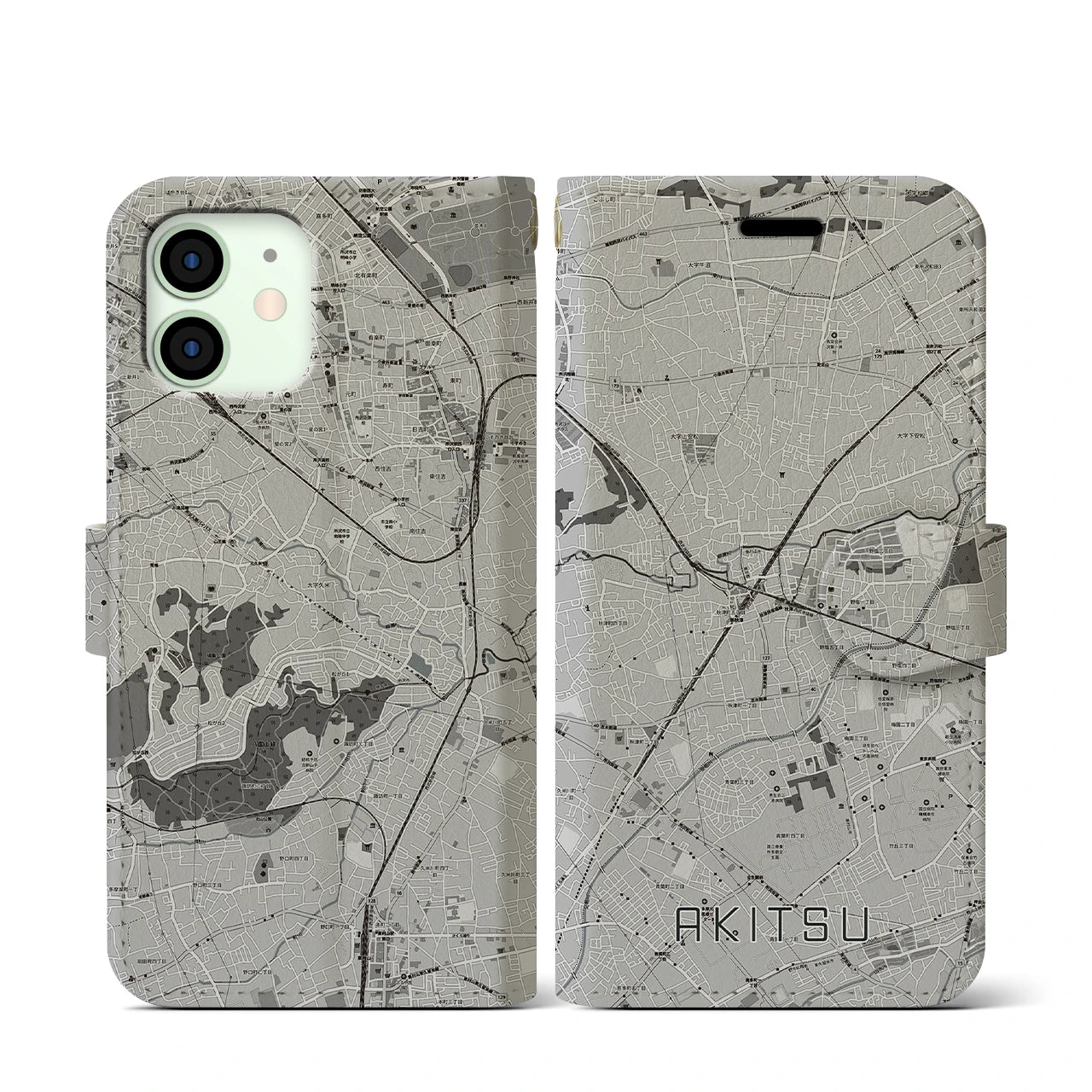 【秋津(東京都)】地図柄iPhoneケース(手帳タイプ)モノトーン・iPhone 12 mini 用