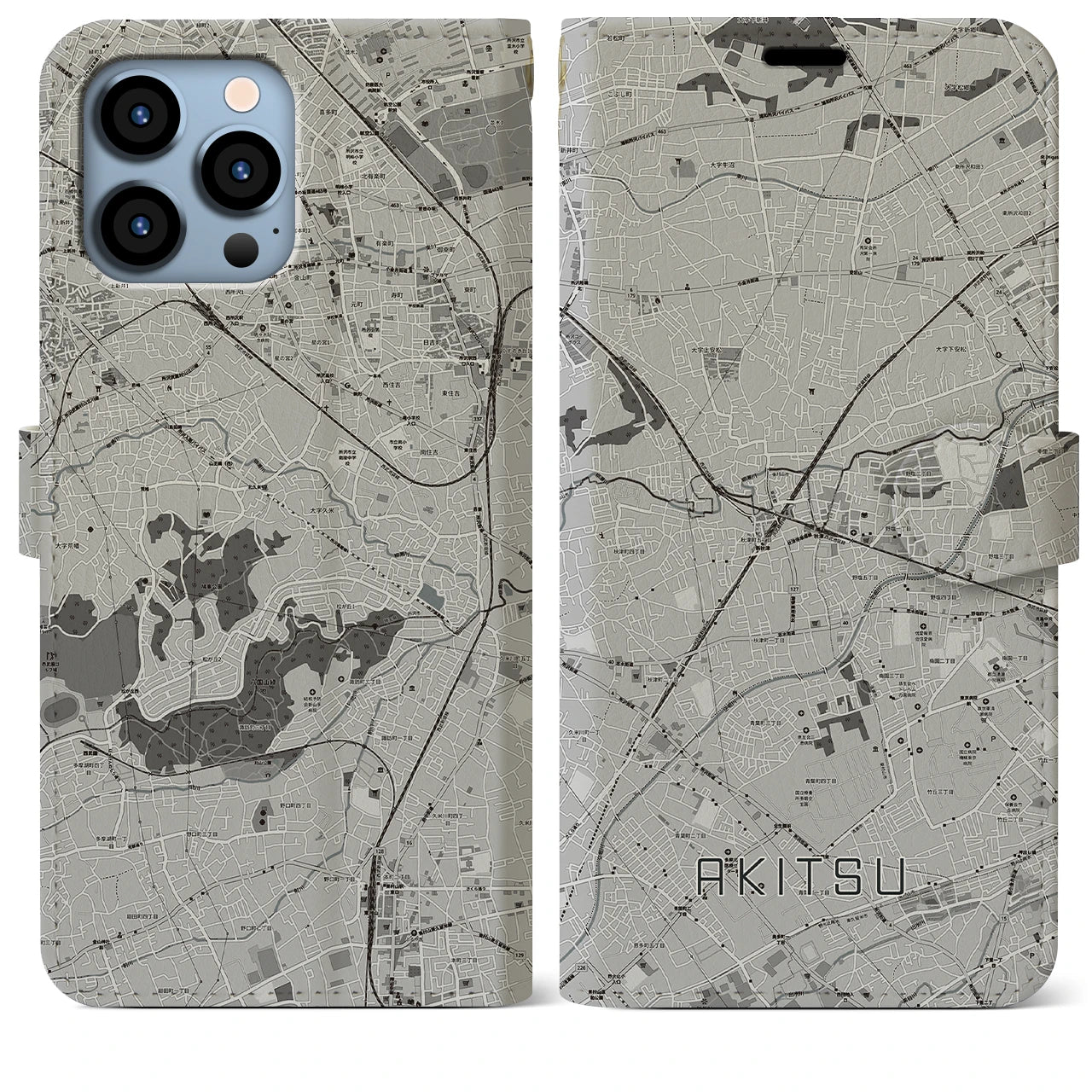【秋津(東京都)】地図柄iPhoneケース(手帳タイプ)モノトーン・iPhone 13 Pro Max 用