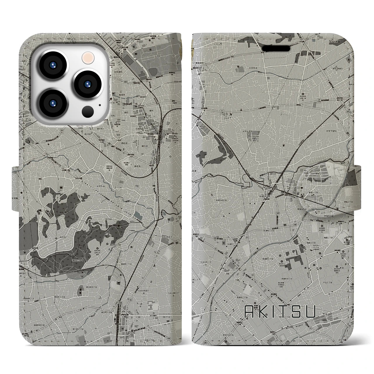 【秋津(東京都)】地図柄iPhoneケース(手帳タイプ)モノトーン・iPhone 13 Pro 用