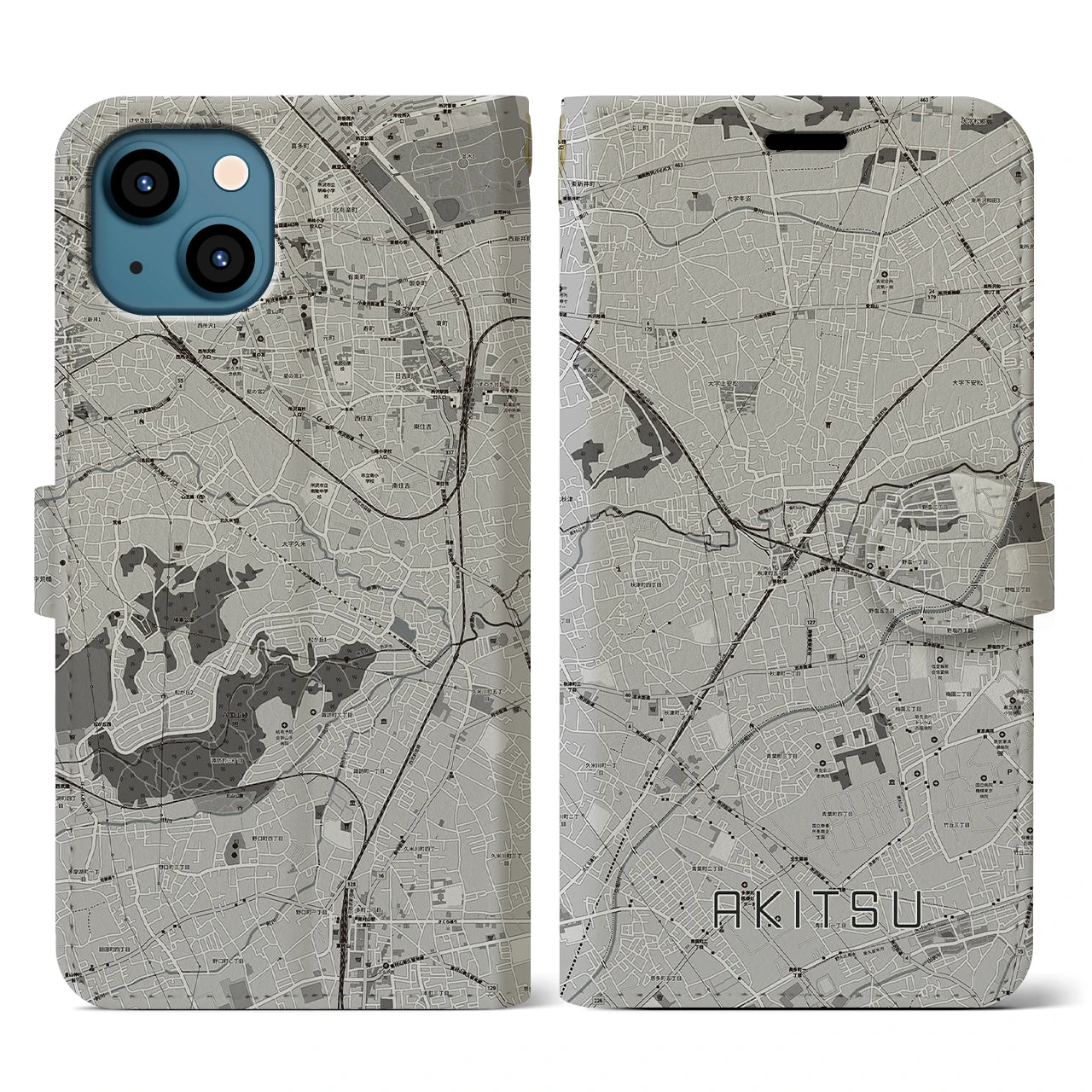【秋津(東京都)】地図柄iPhoneケース(手帳タイプ)モノトーン・iPhone 13 用