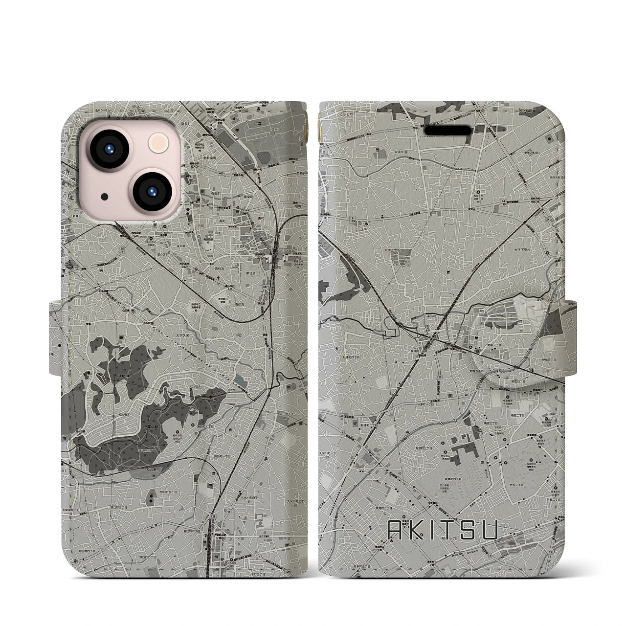 【秋津(東京都)】地図柄iPhoneケース(手帳タイプ)モノトーン・iPhone 13 mini 用