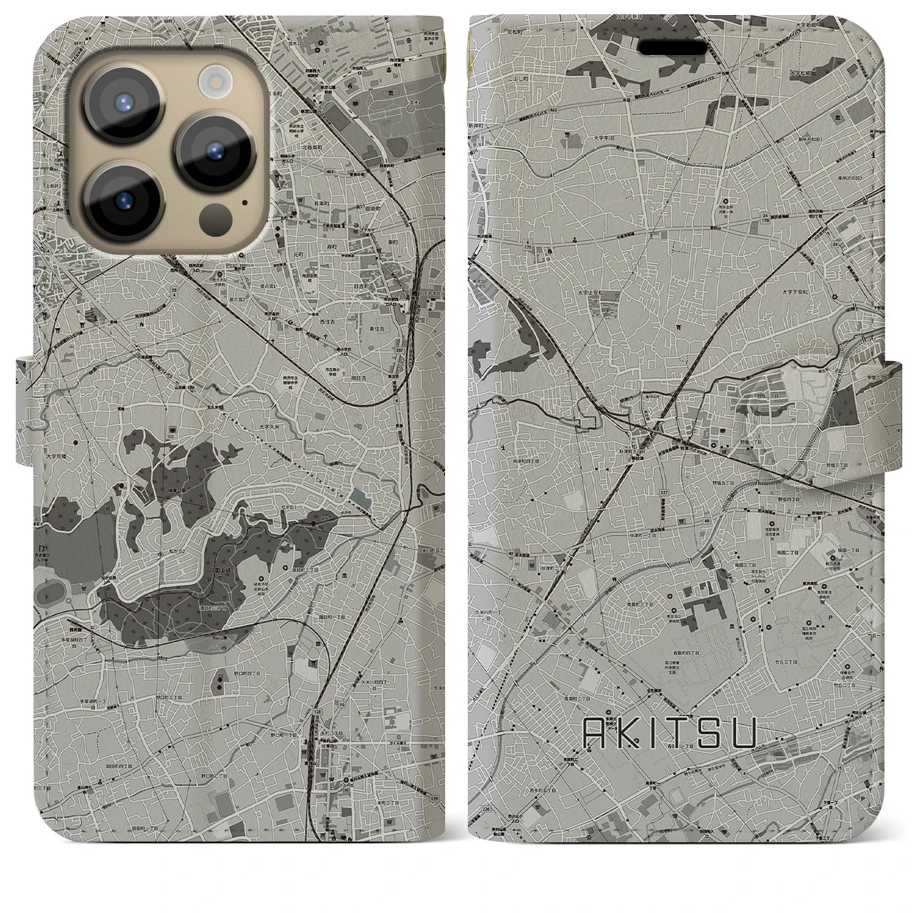 【秋津(東京都)】地図柄iPhoneケース(手帳タイプ)モノトーン・iPhone 14 Pro Max 用
