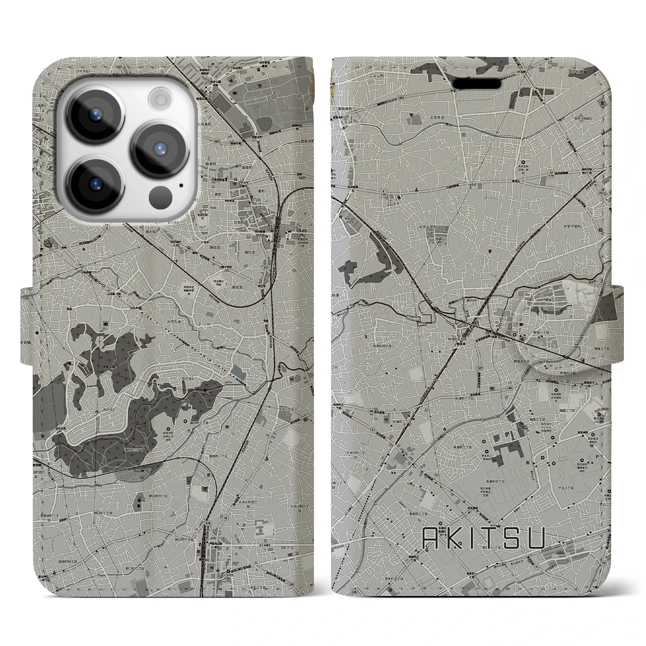 【秋津(東京都)】地図柄iPhoneケース(手帳タイプ)モノトーン・iPhone 14 Pro 用
