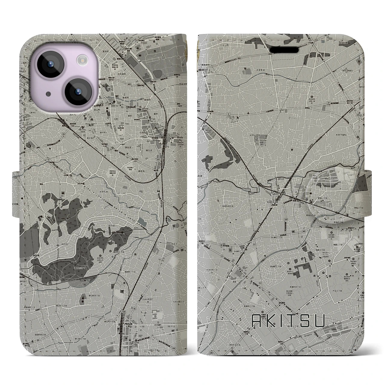 【秋津(東京都)】地図柄iPhoneケース(手帳タイプ)モノトーン・iPhone 14 用