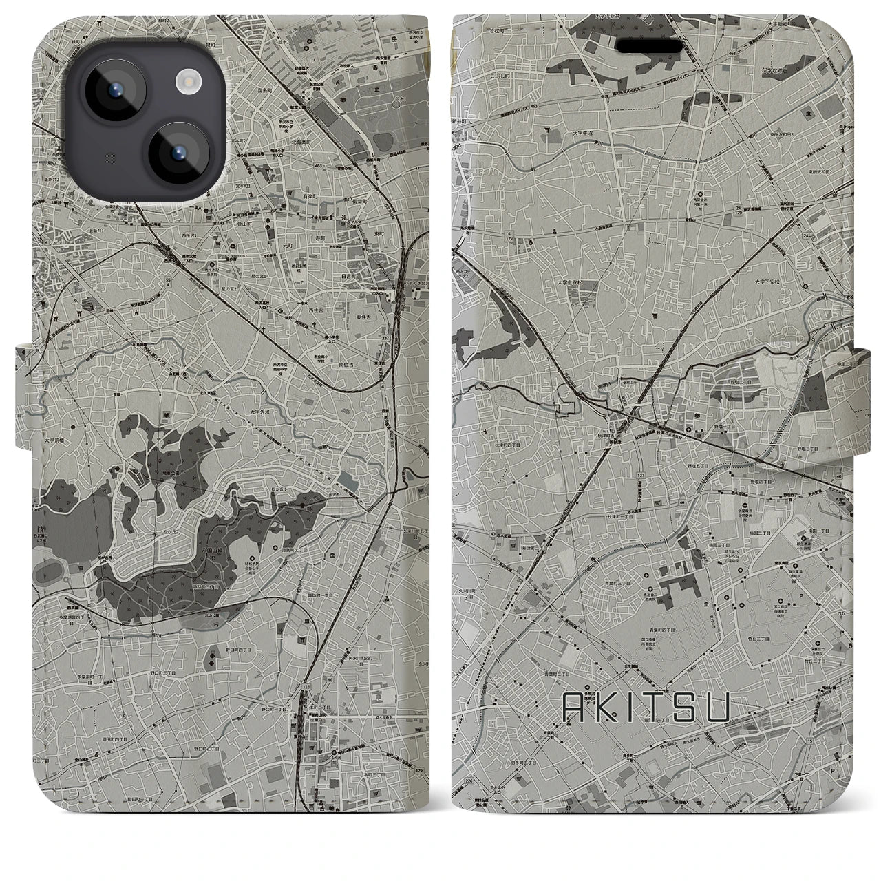 【秋津(東京都)】地図柄iPhoneケース(手帳タイプ)モノトーン・iPhone 14 Plus 用