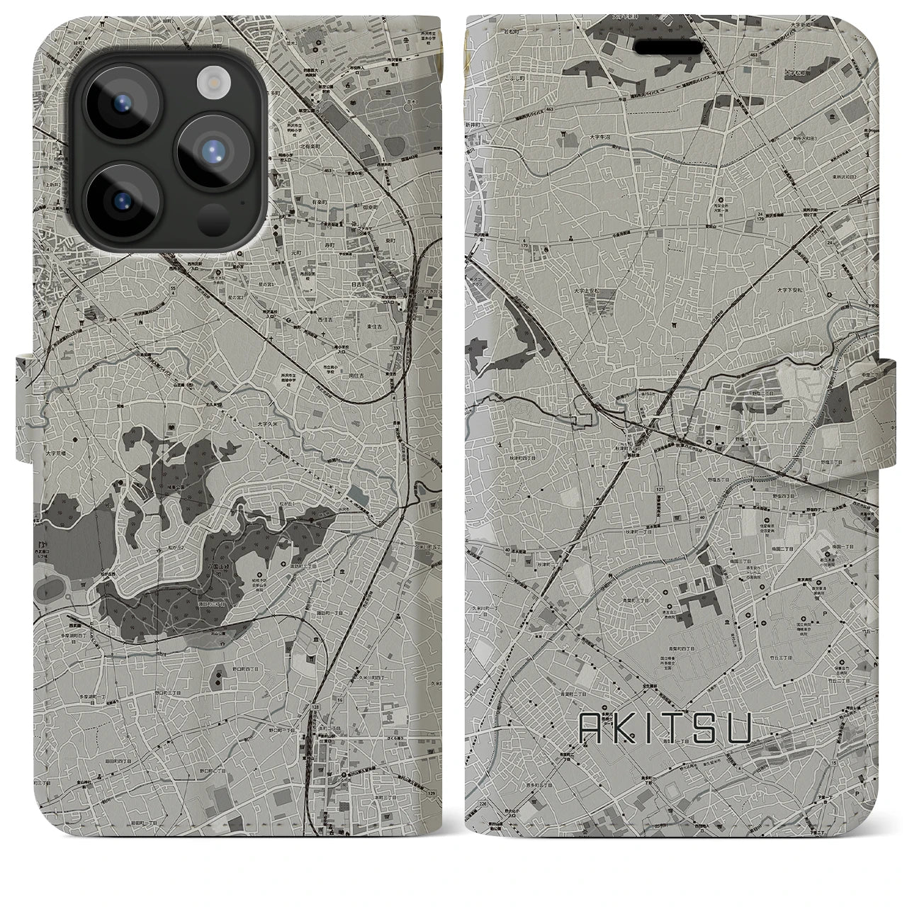 【秋津(東京都)】地図柄iPhoneケース(手帳タイプ)モノトーン・iPhone 15 Pro Max 用