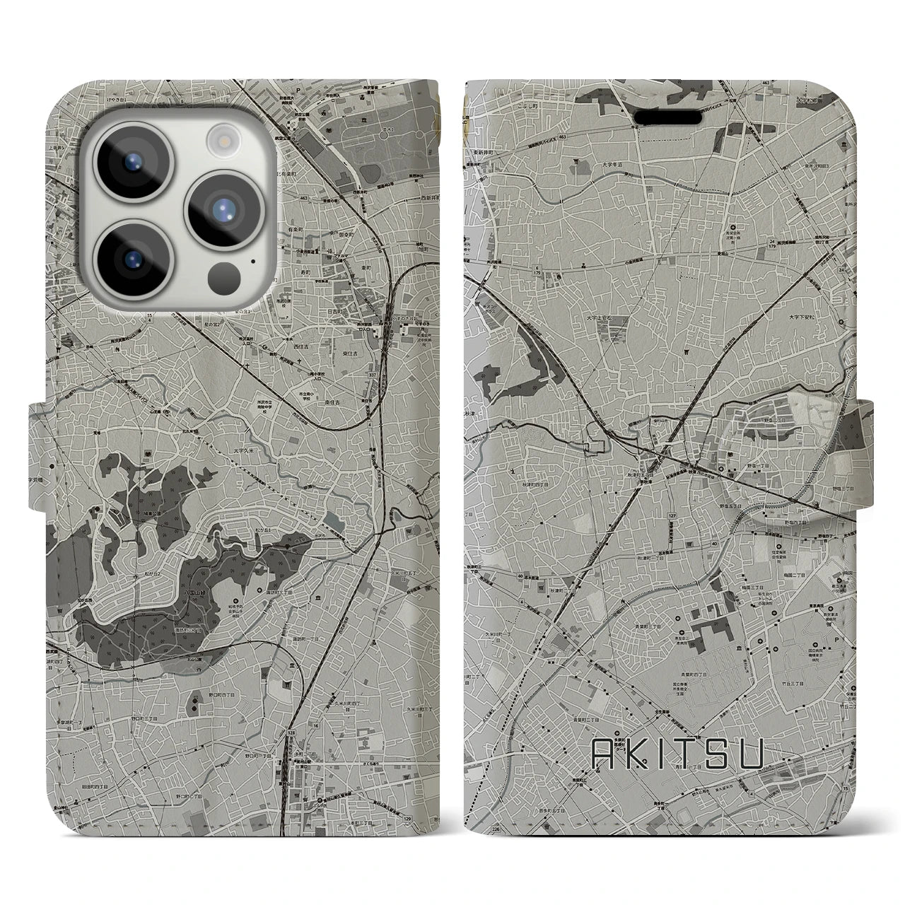 【秋津(東京都)】地図柄iPhoneケース(手帳タイプ)モノトーン・iPhone 15 Pro 用