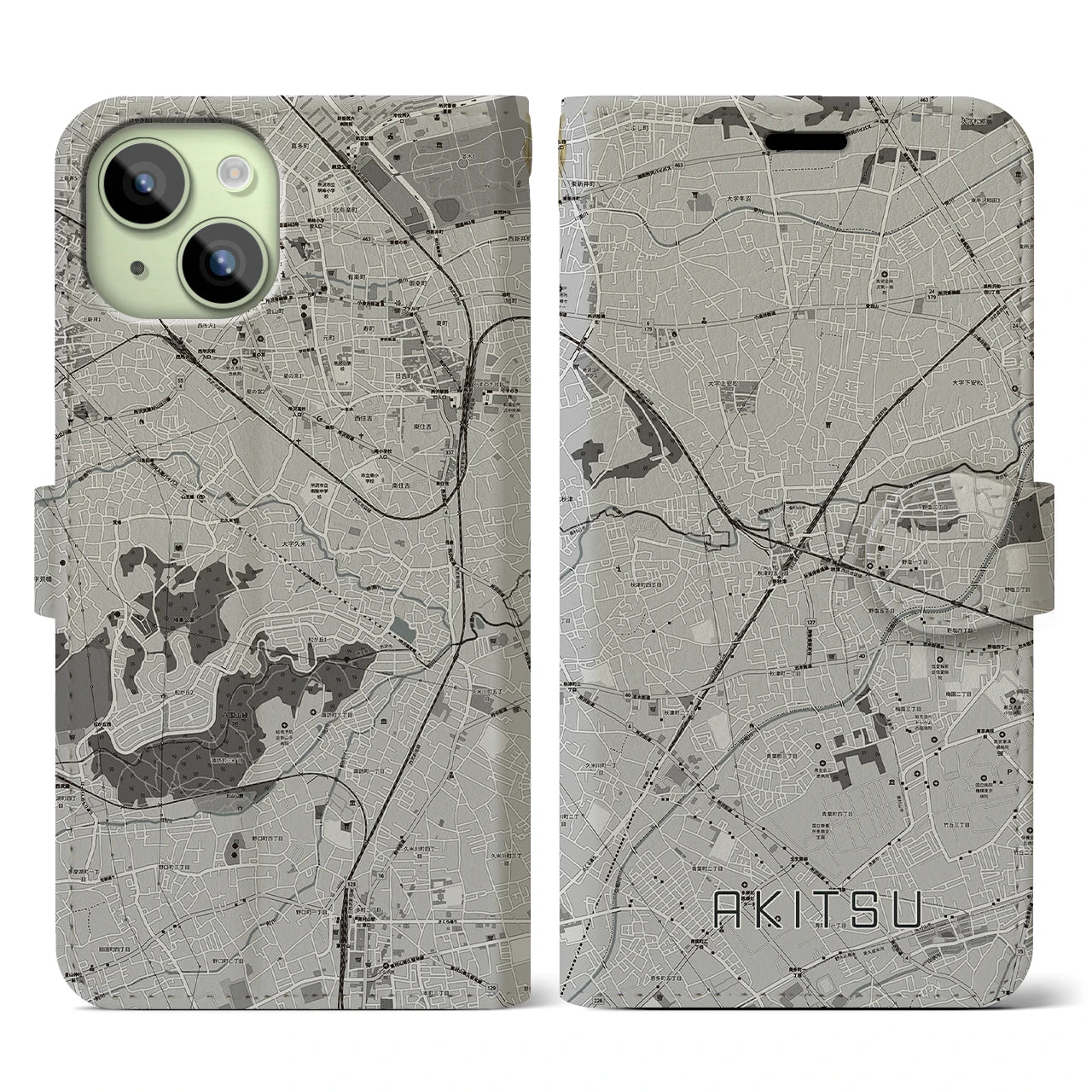 【秋津(東京都)】地図柄iPhoneケース(手帳タイプ)モノトーン・iPhone 15 用