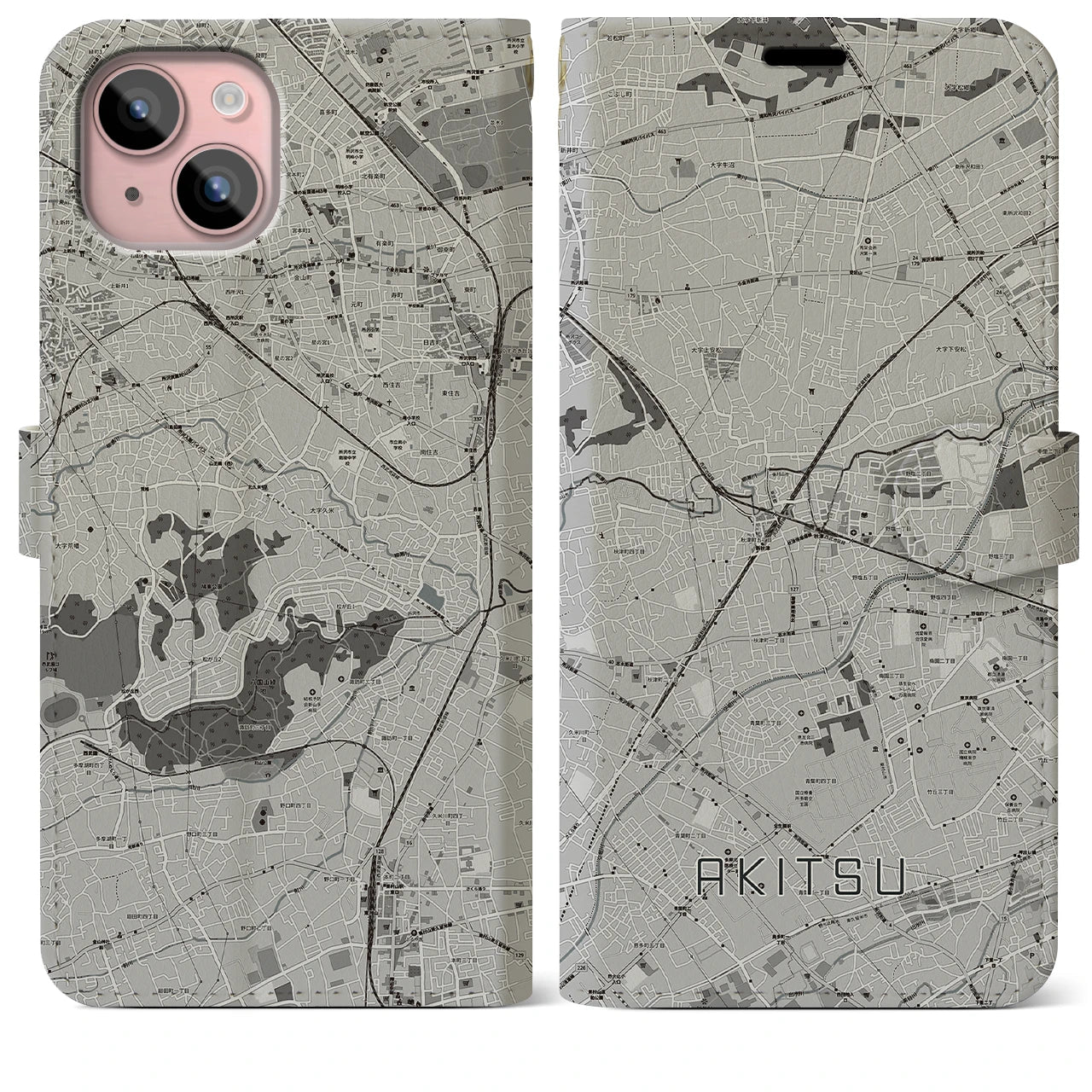 【秋津(東京都)】地図柄iPhoneケース(手帳タイプ)モノトーン・iPhone 15 Plus 用